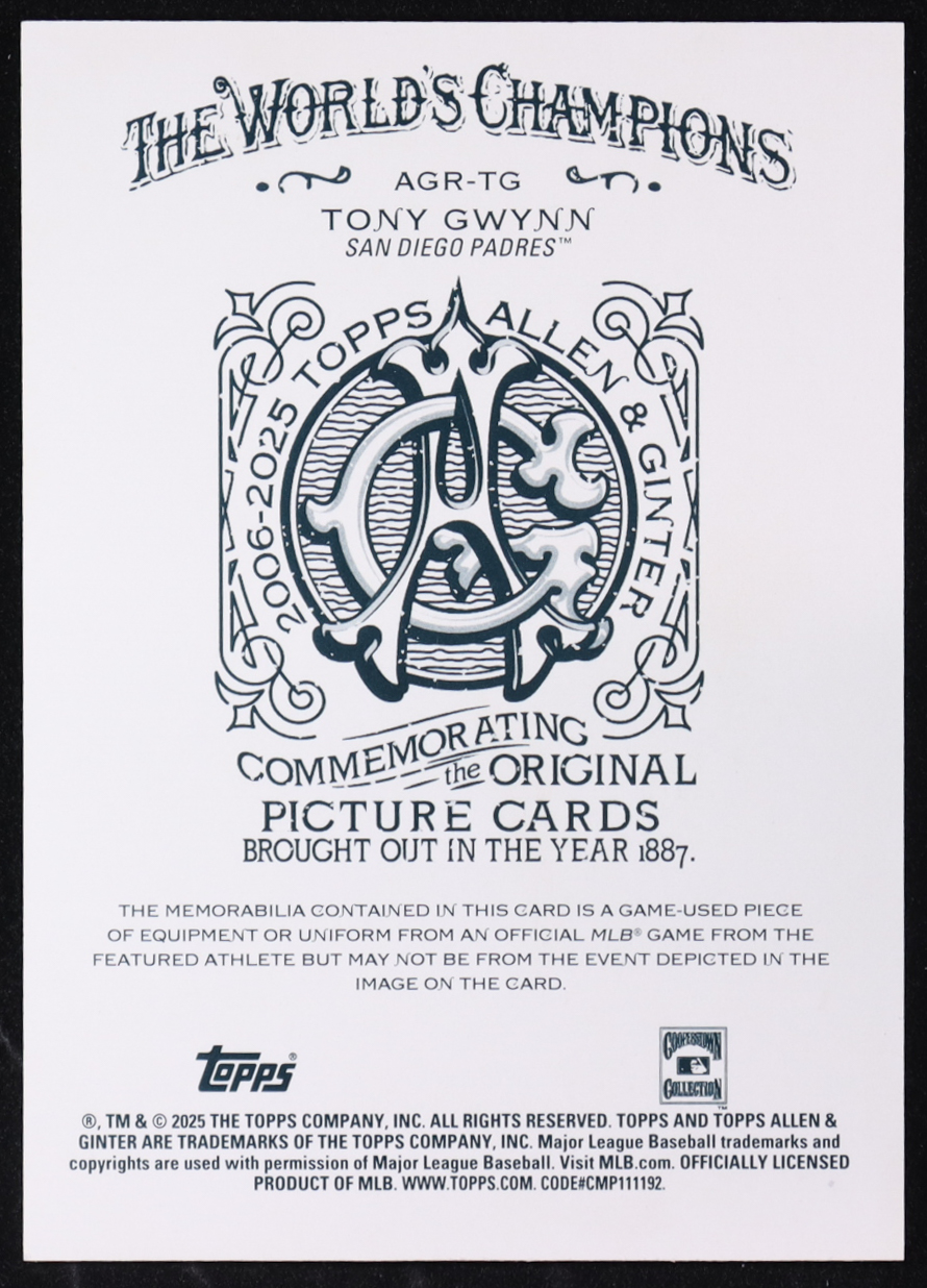 Tony Gwynn 2025 Topps Allen and Ginter Relics A and G Back #AGRTG #05/50 at PristineAuction.com Tony Gwynn 2025 Topps Allen and Ginter Relics A and G Back #AGRTG #05/50 at PristineAuction.com