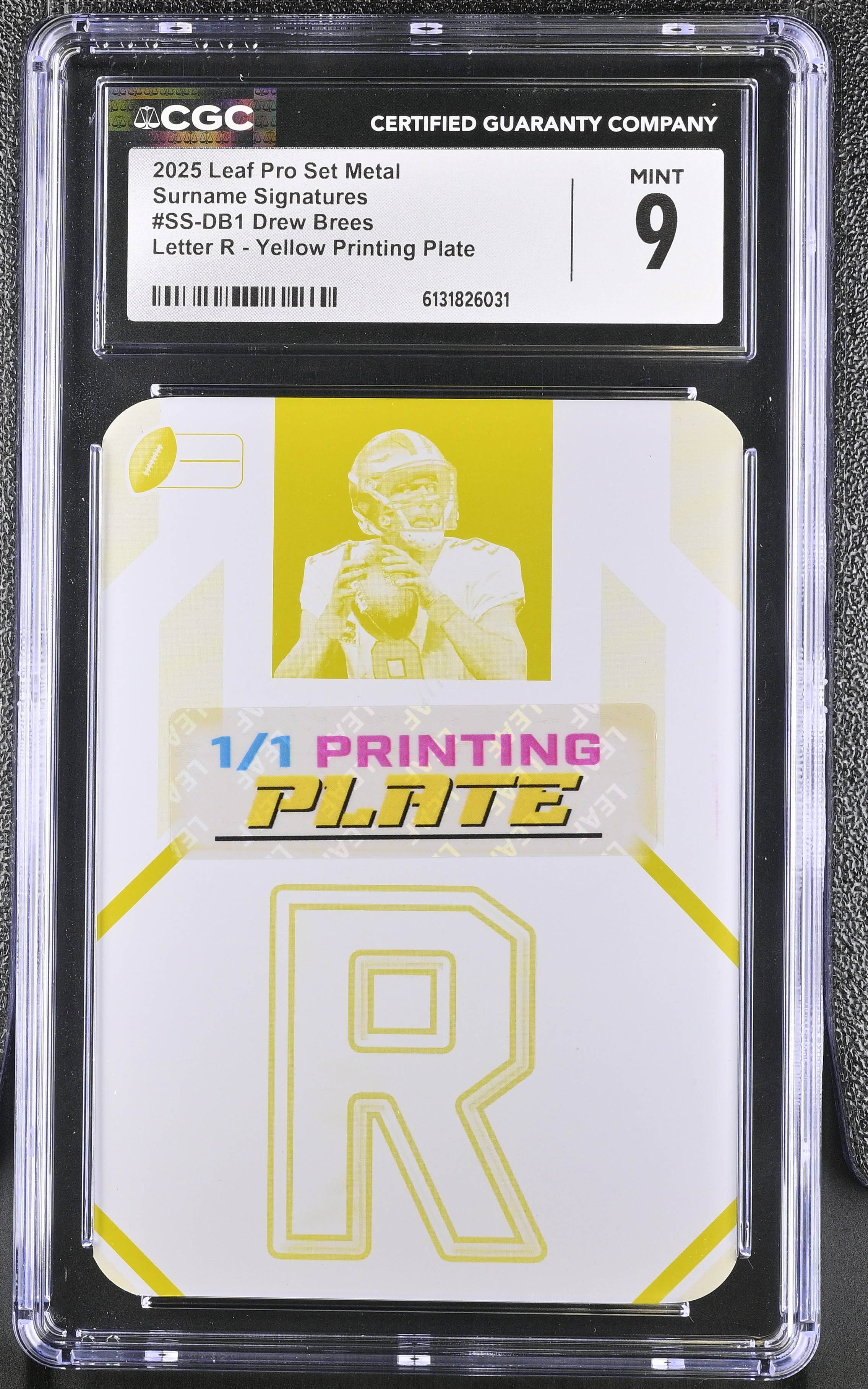 Drew Brees 2025 Leaf Pro Set Metal Surname Signatures Letter R - Yellow Printing Plate #1 #1/1 (CGC 9) at PristineAuction.com Drew Brees 2025 Leaf Pro Set Metal Surname Signatures Letter R - Yellow Printing Plate #1 #1/1 (CGC 9) at PristineAuction.com