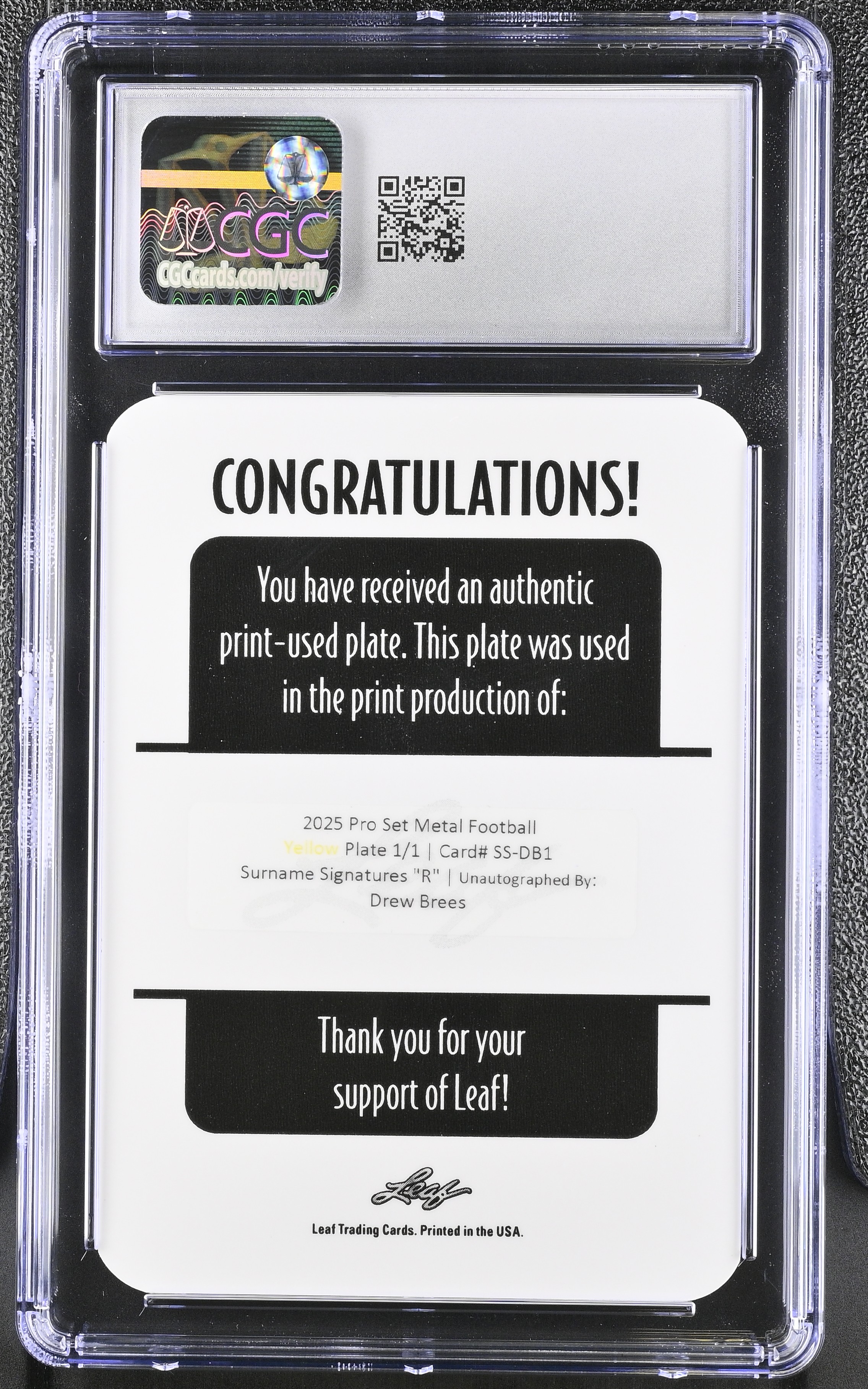 Drew Brees 2025 Leaf Pro Set Metal Surname Signatures Letter R - Yellow Printing Plate #1 #1/1 (CGC 9) at PristineAuction.com Drew Brees 2025 Leaf Pro Set Metal Surname Signatures Letter R - Yellow Printing Plate #1 #1/1 (CGC 9) at PristineAuction.com