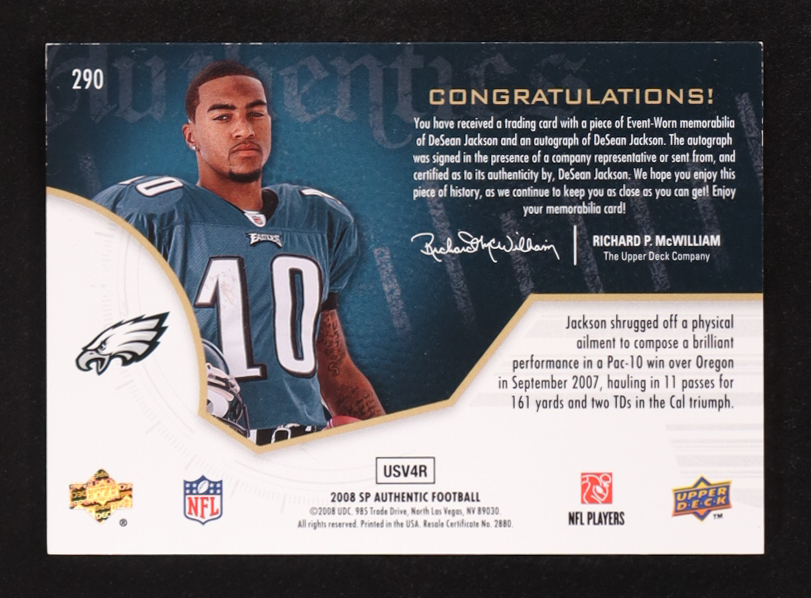 DeSean Jackson 2008 SP Authentic #290 Jersey Autograph RC #526/999 at PristineAuction.com DeSean Jackson 2008 SP Authentic #290 Jersey Autograph RC #526/999 at PristineAuction.com