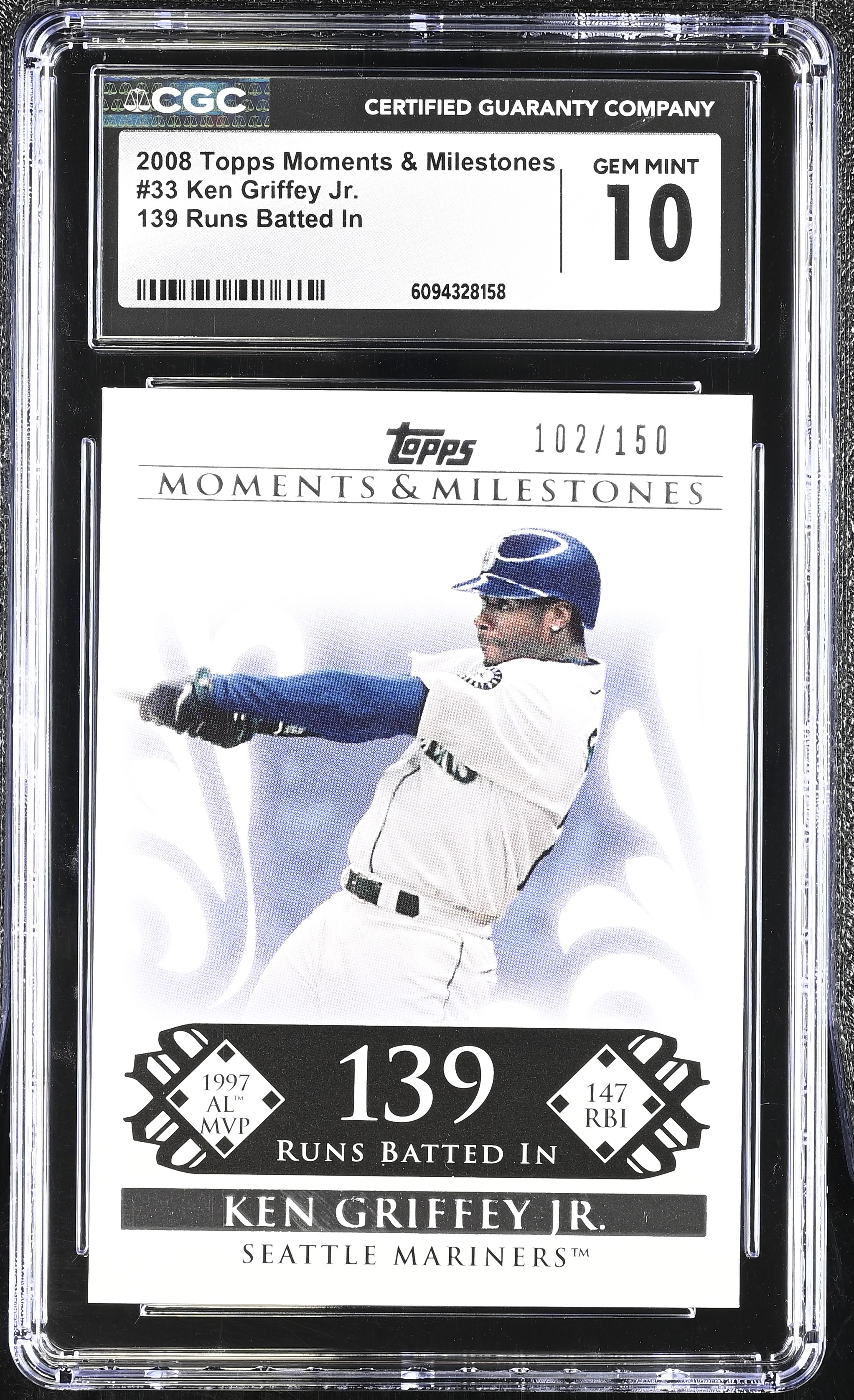 Ken Griffey Jr. 2008 Topps Moments & Milestones 139 Runs Batted In #33 #102/150 (CGC 10) at PristineAuction.com Ken Griffey Jr. 2008 Topps Moments & Milestones 139 Runs Batted In #33 #102/150 (CGC 10) at PristineAuction.com