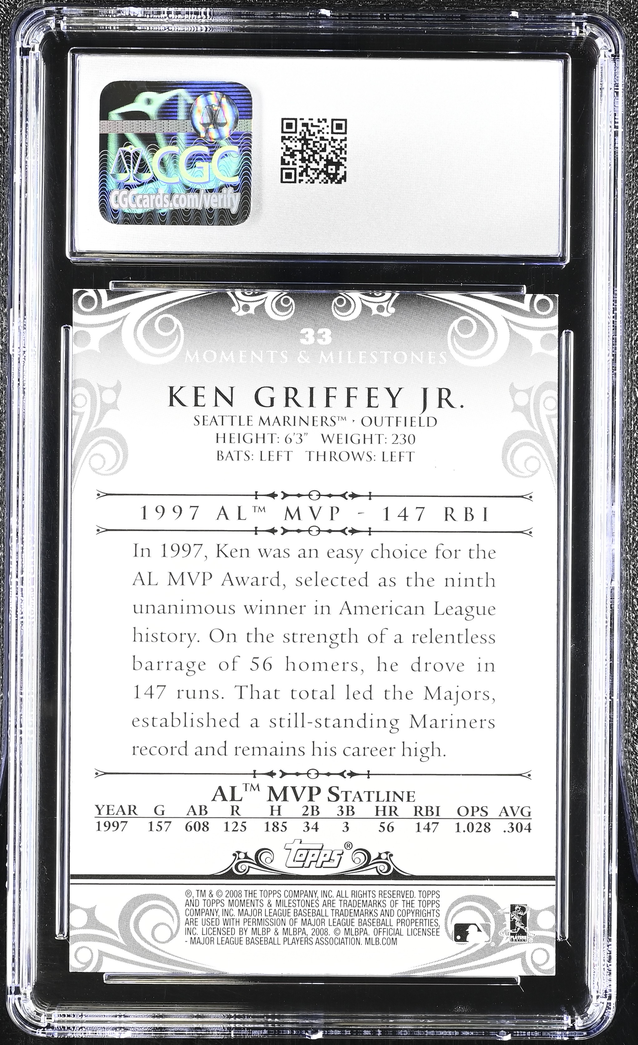 Ken Griffey Jr. 2008 Topps Moments & Milestones 139 Runs Batted In #33 #102/150 (CGC 10) at PristineAuction.com Ken Griffey Jr. 2008 Topps Moments & Milestones 139 Runs Batted In #33 #102/150 (CGC 10) at PristineAuction.com
