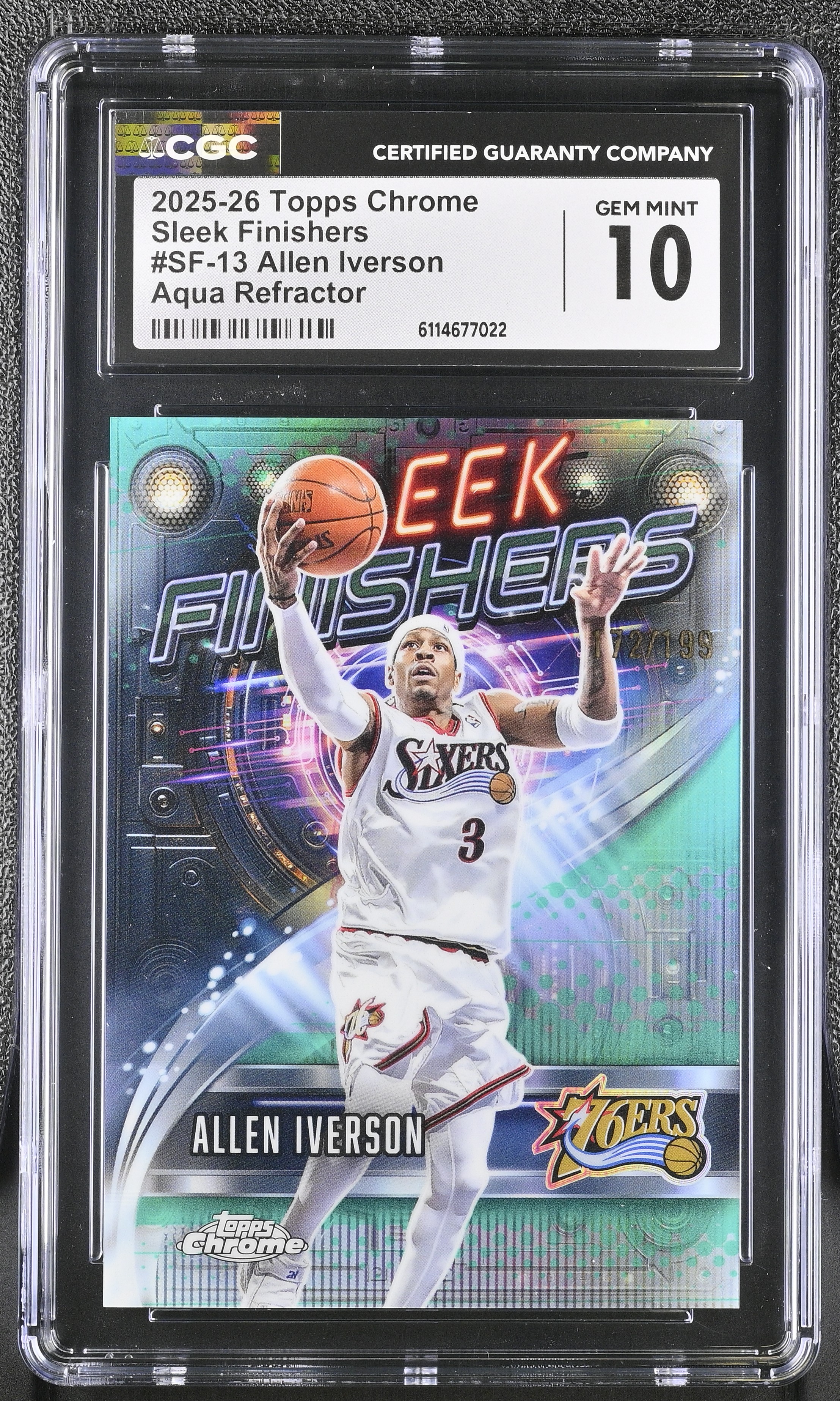 Allen Iverson 2025-26 Topps Chrome Sleek Finishers Aqua Refractor #13 #172/199 (CGC 10) at PristineAuction.com Allen Iverson 2025-26 Topps Chrome Sleek Finishers Aqua Refractor #13 #172/199 (CGC 10) at PristineAuction.com