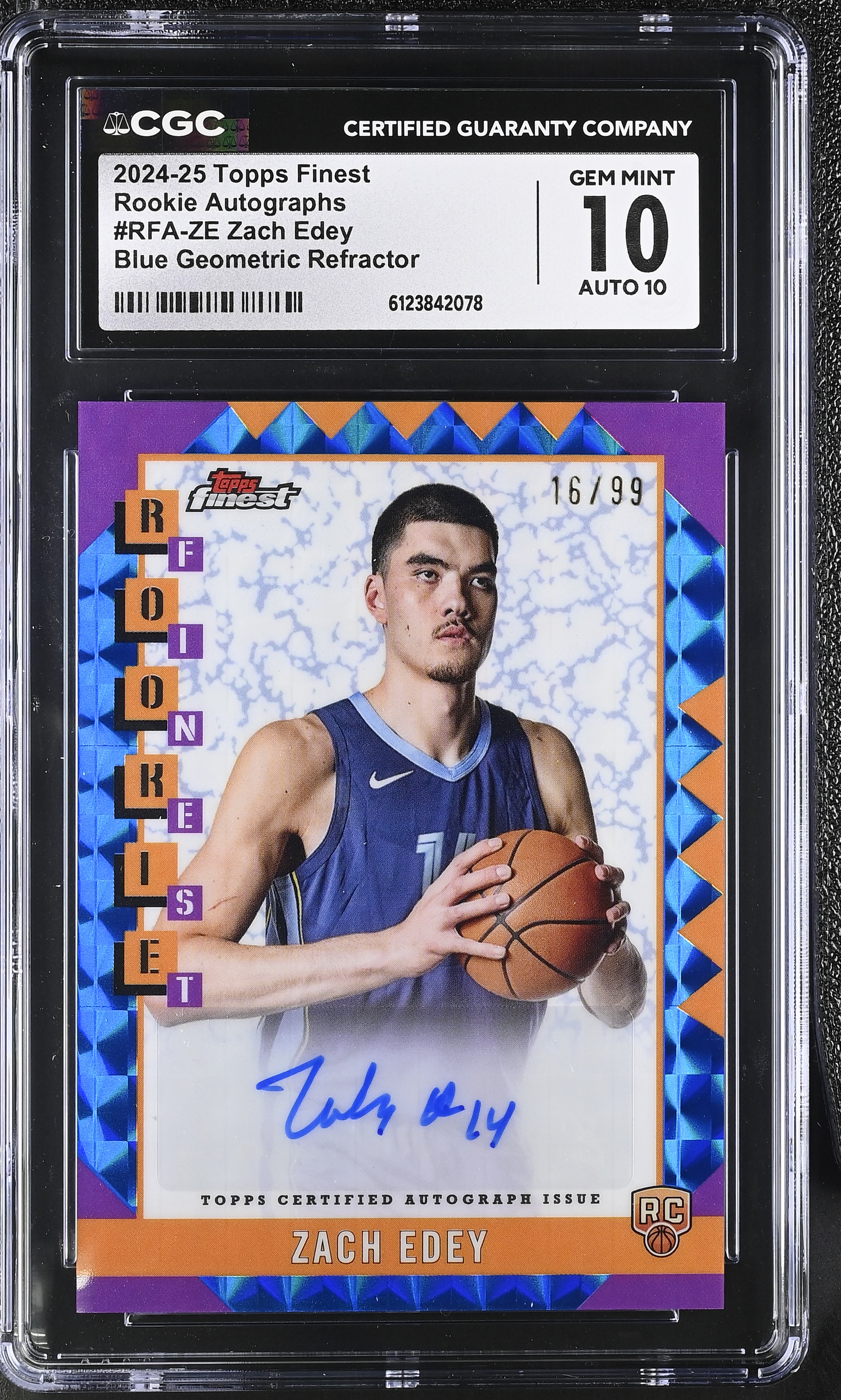 Zach Edey 2024-25 Topps Finest Rookie Autographs Blue Geometric Refractor #RFAZE RC #16/99 (CGC 10 | Autograph Grade 10) at PristineAuction.com Zach Edey 2024-25 Topps Finest Rookie Autographs Blue Geometric Refractor #RFAZE RC #16/99 (CGC 10 | Autograph Grade 10) at PristineAuction.com