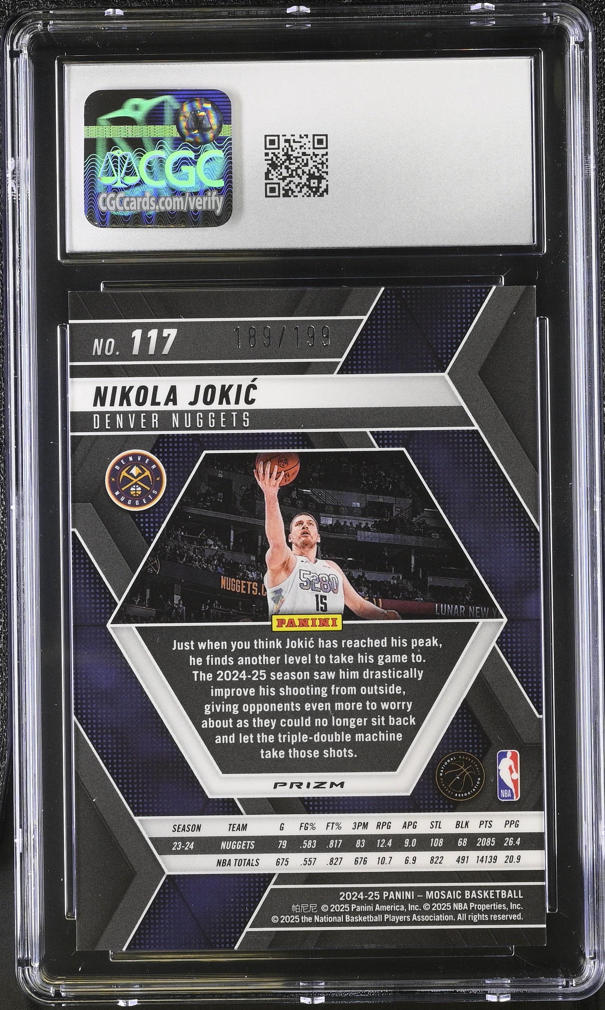 Nikola Jokic 2024-25 Panini Mosaic Blue #117 #189/199 (CGC 10) at PristineAuction.com Nikola Jokic 2024-25 Panini Mosaic Blue #117 #189/199 (CGC 10) at PristineAuction.com