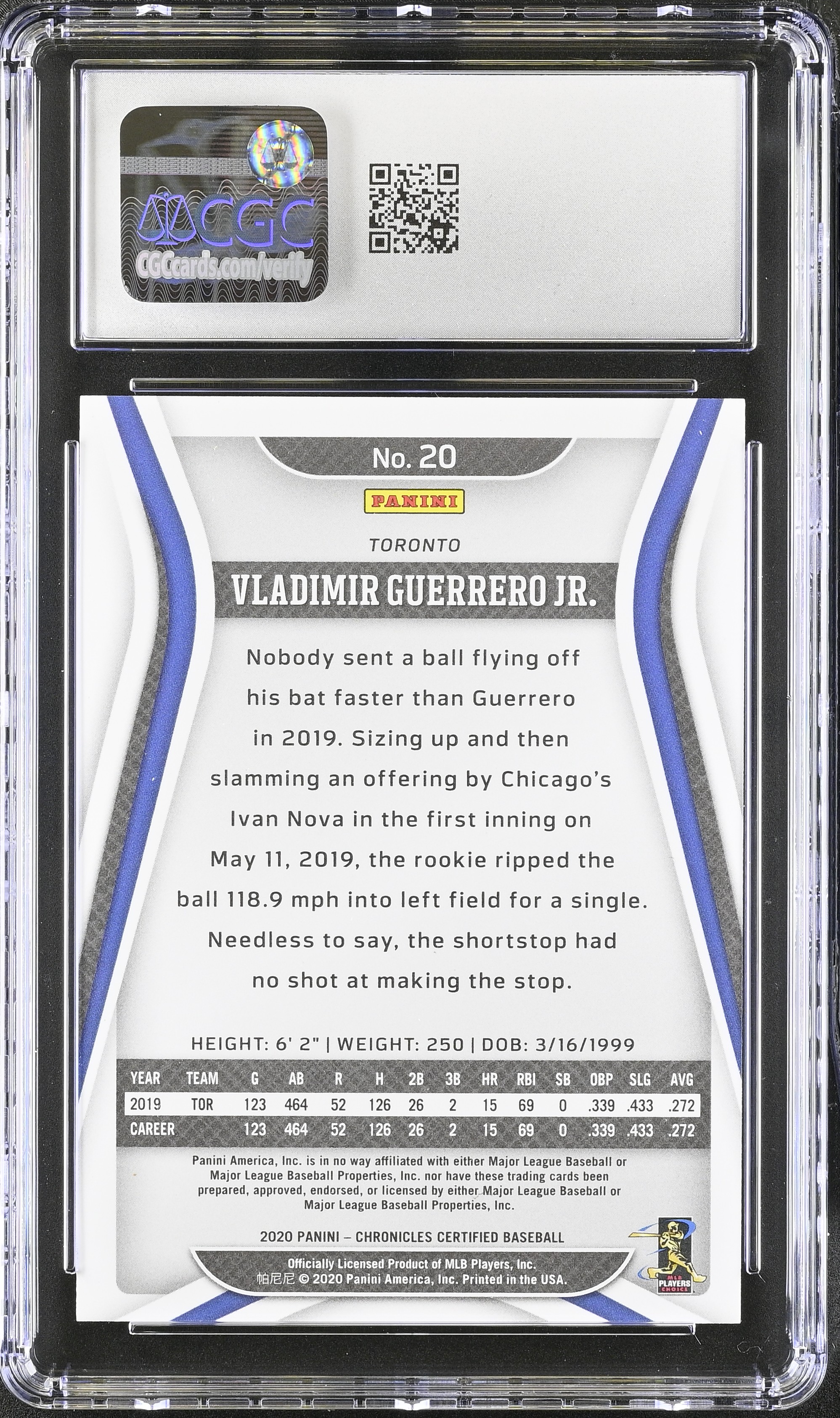 Vladimir Guerrero Jr. 2020 Panini Chronicles Certified Mirror Gold #20 #23/25 (CGC 10) at PristineAuction.com Vladimir Guerrero Jr. 2020 Panini Chronicles Certified Mirror Gold #20 #23/25 (CGC 10) at PristineAuction.com