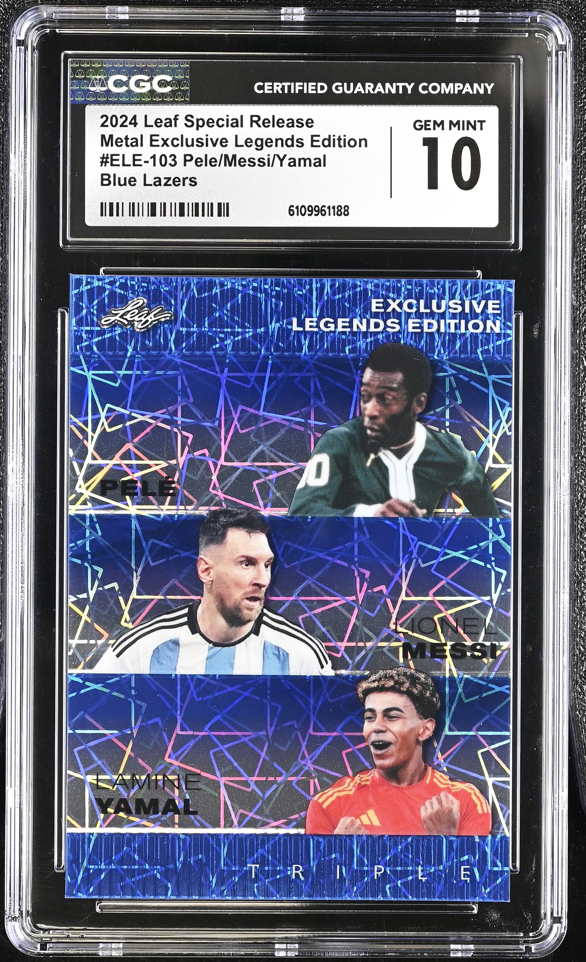 Pele/messi/yamal 2024 Leaf Special Release Metal Exclusive Legends Edition Blue Lazers #103 #14/20 (CGC 10) at PristineAuction.com Pele/messi/yamal 2024 Leaf Special Release Metal Exclusive Legends Edition Blue Lazers #103 #14/20 (CGC 10) at PristineAuction.com