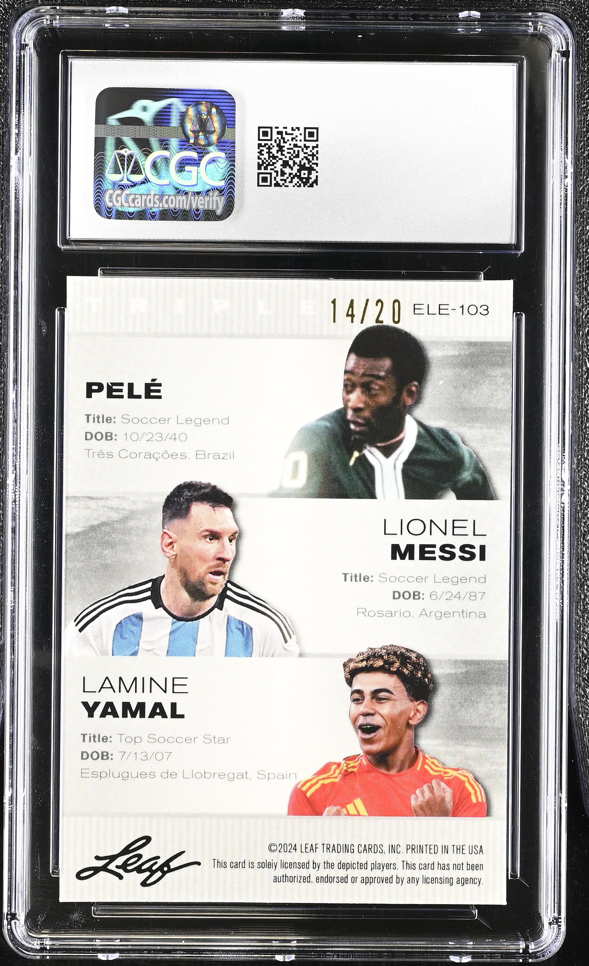 Pele/messi/yamal 2024 Leaf Special Release Metal Exclusive Legends Edition Blue Lazers #103 #14/20 (CGC 10) at PristineAuction.com Pele/messi/yamal 2024 Leaf Special Release Metal Exclusive Legends Edition Blue Lazers #103 #14/20 (CGC 10) at PristineAuction.com