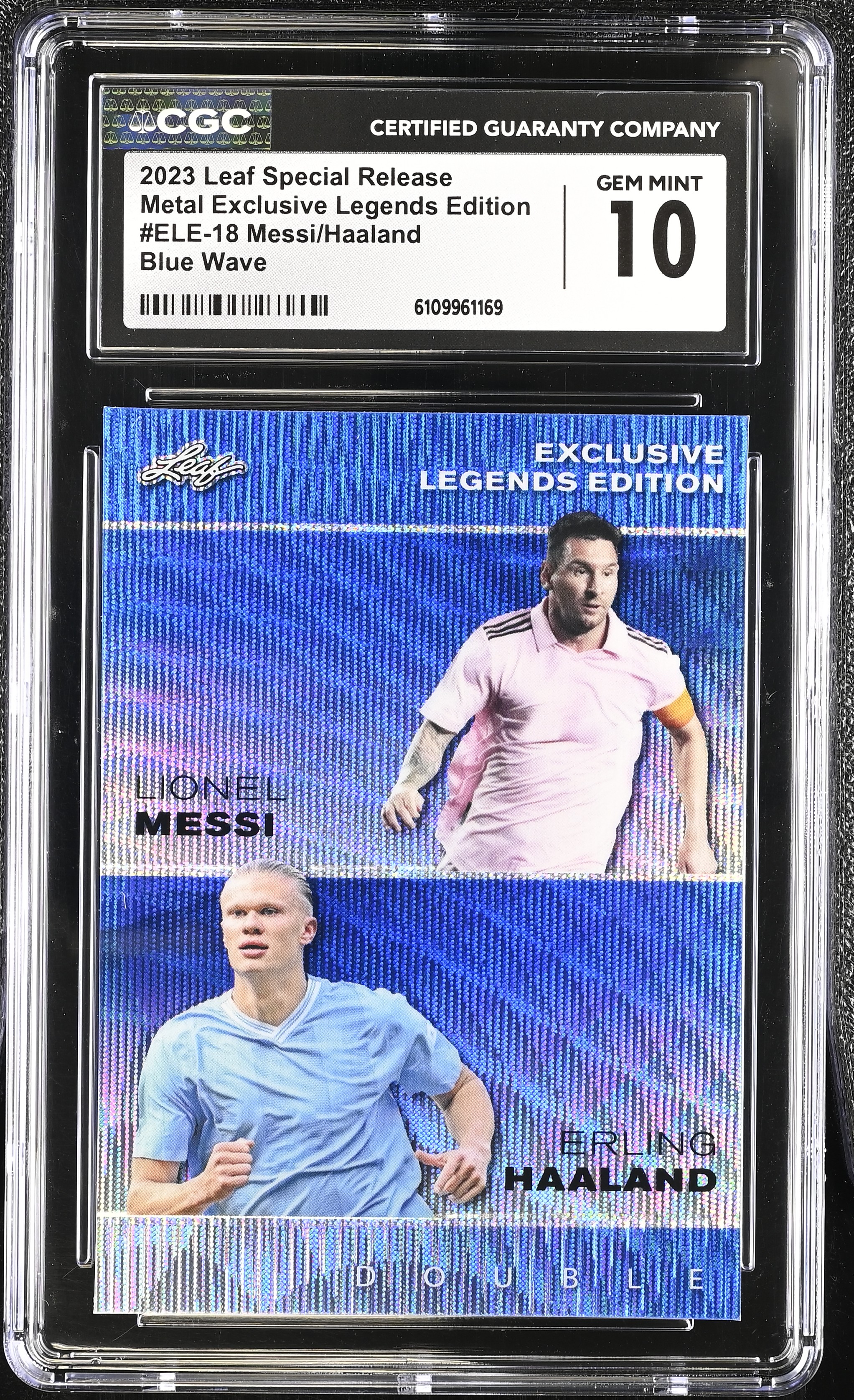 Messi/haaland 2023 Leaf Special Release Metal Exclusive Legends Edition Blue Wave #18 #15/20 (CGC 10) at PristineAuction.com Messi/haaland 2023 Leaf Special Release Metal Exclusive Legends Edition Blue Wave #18 #15/20 (CGC 10) at PristineAuction.com