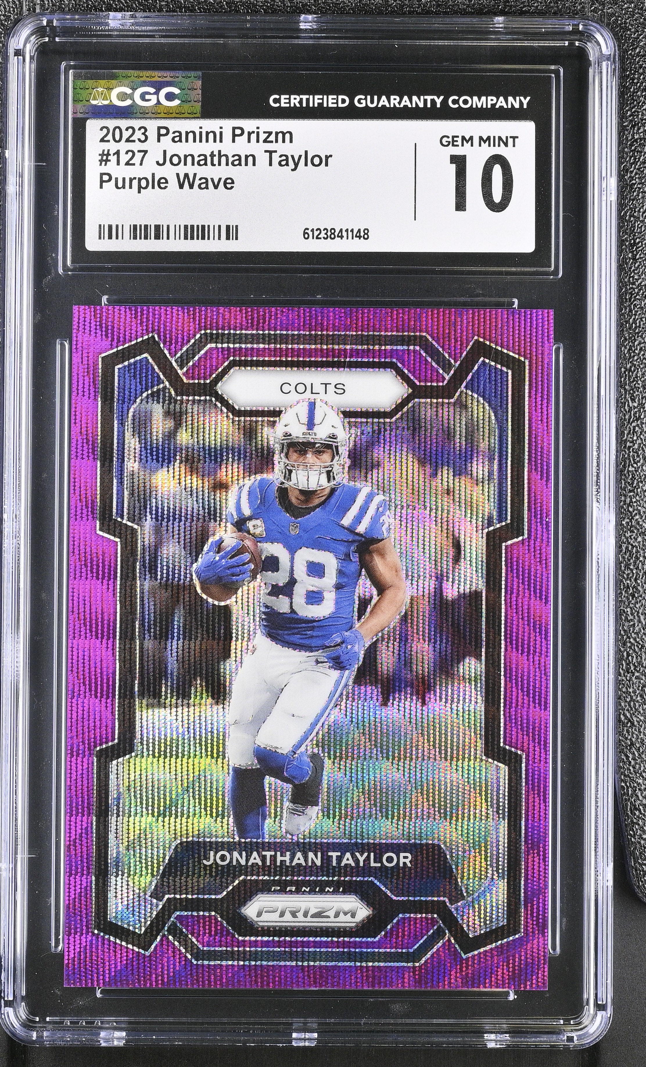 Jonathan Taylor 2023 Panini Prizm Purple Wave #127 #42/99 (CGC 10) at PristineAuction.com Jonathan Taylor 2023 Panini Prizm Purple Wave #127 #42/99 (CGC 10) at PristineAuction.com
