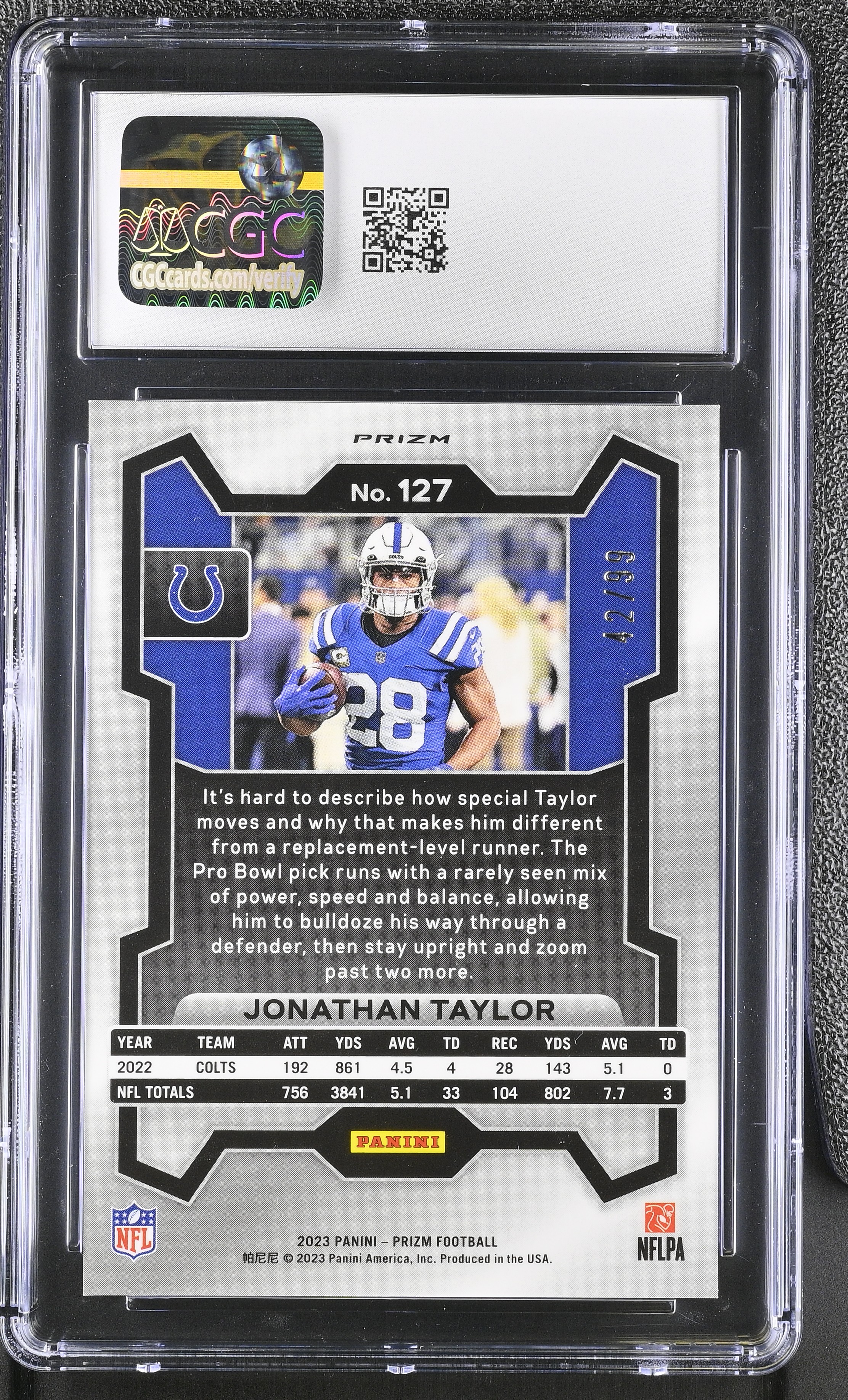 Jonathan Taylor 2023 Panini Prizm Purple Wave #127 #42/99 (CGC 10) at PristineAuction.com Jonathan Taylor 2023 Panini Prizm Purple Wave #127 #42/99 (CGC 10) at PristineAuction.com