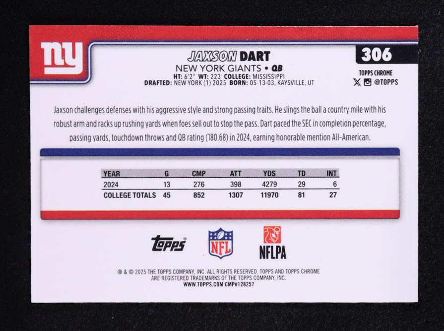Jaxson Dart 2025 Topps Chrome #306 RC at PristineAuction.com Jaxson Dart 2025 Topps Chrome #306 RC at PristineAuction.com