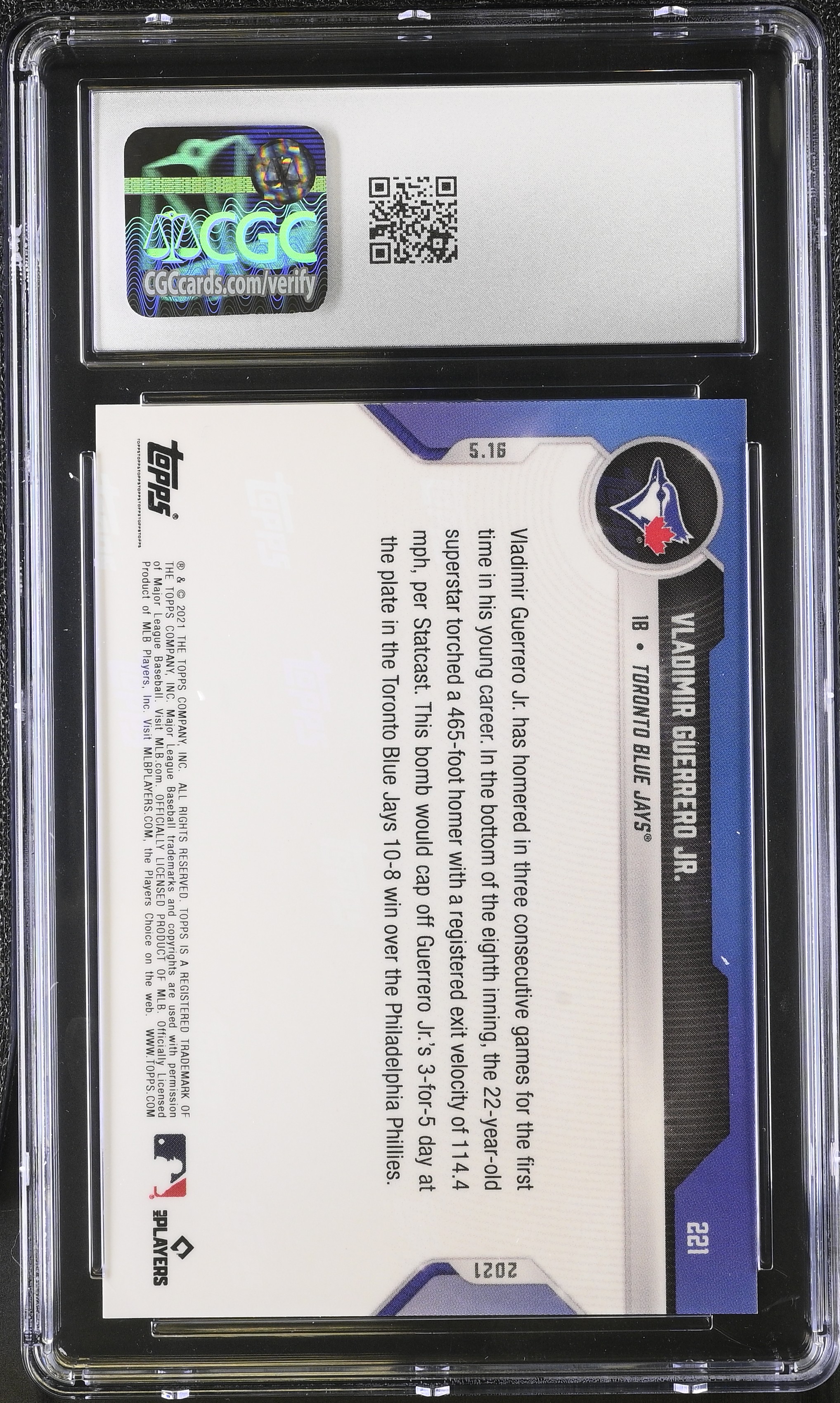 Vladimir Guerrero Jr. 2021 Topps Now Blue #221 #07/49 (CGC 10) at PristineAuction.com Vladimir Guerrero Jr. 2021 Topps Now Blue #221 #07/49 (CGC 10) at PristineAuction.com