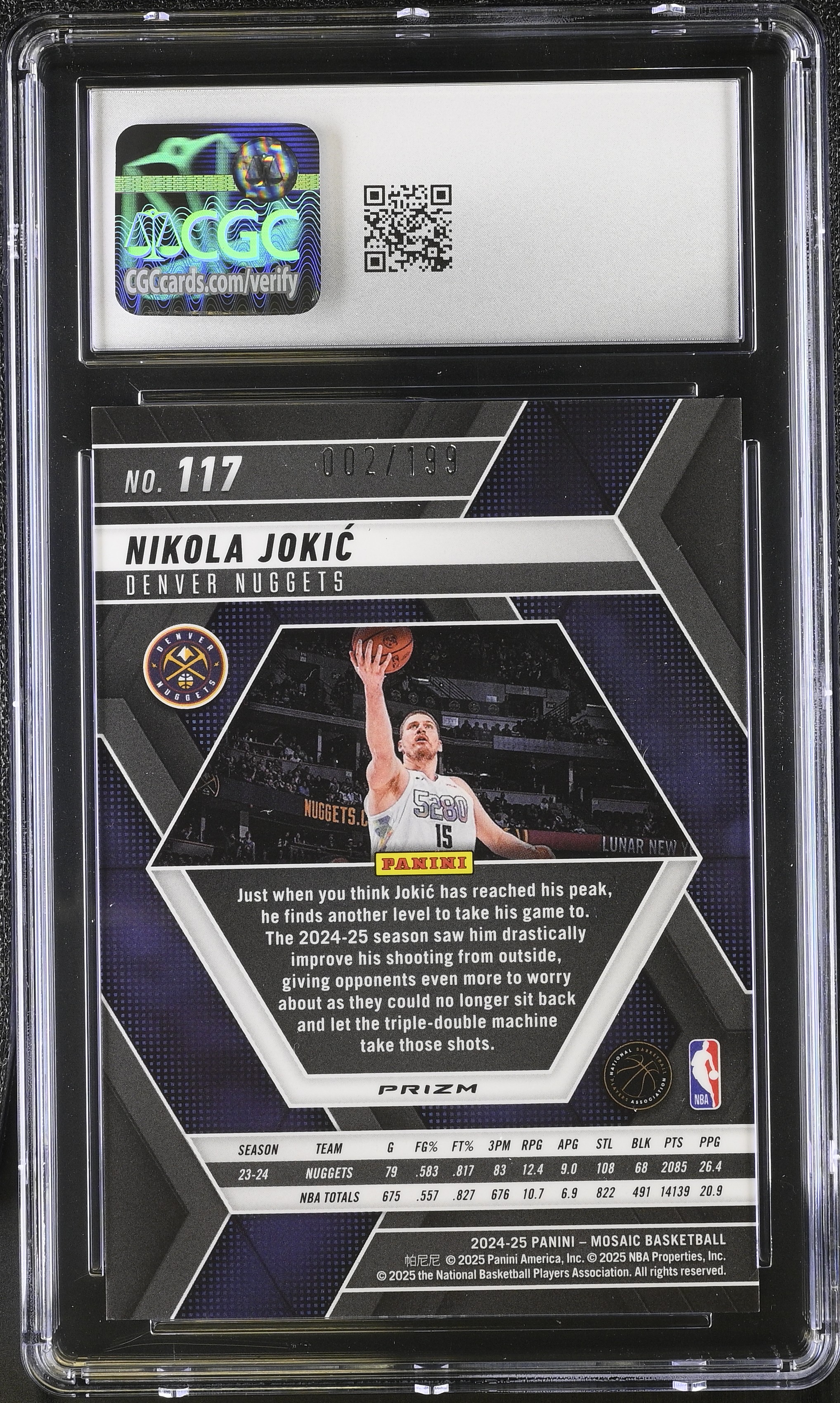 Nikola Jokic 2024-25 Panini Mosaic Blue #117 #002/199 (CGC 10) at PristineAuction.com Nikola Jokic 2024-25 Panini Mosaic Blue #117 #002/199 (CGC 10) at PristineAuction.com