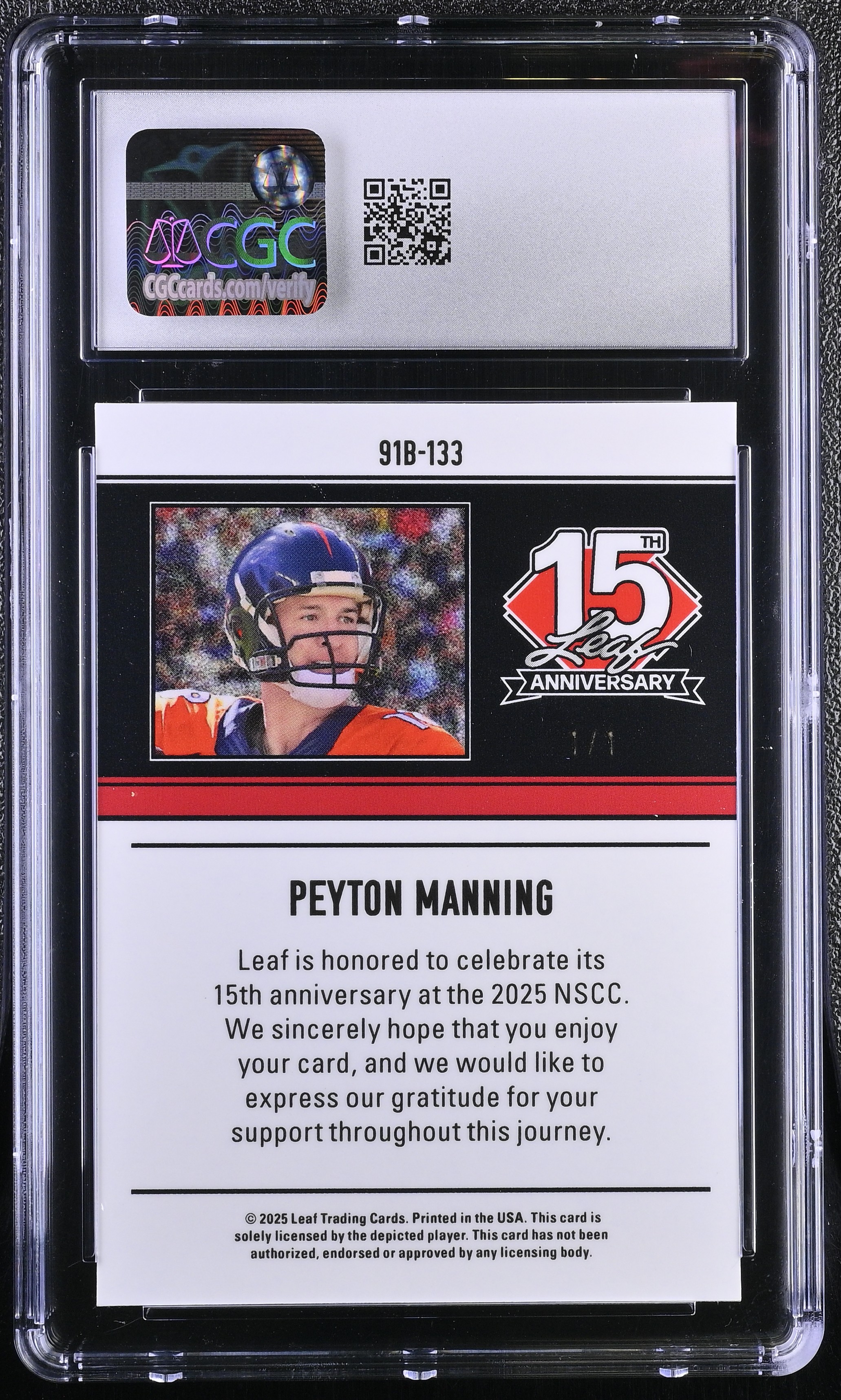 Peyton Manning 2025 Leaf 15th Anniversary '91 Leaf Gold Circles #91133 #1/1 (CGC 10) at PristineAuction.com Peyton Manning 2025 Leaf 15th Anniversary '91 Leaf Gold Circles #91133 #1/1 (CGC 10) at PristineAuction.com