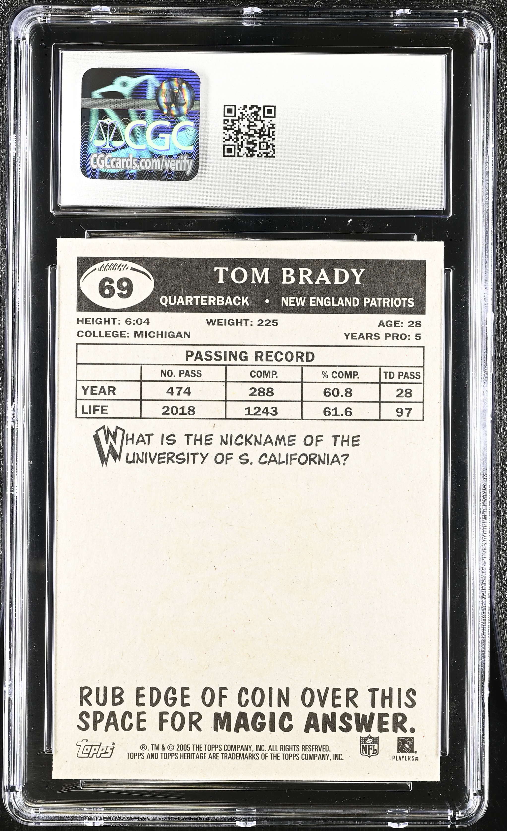 Tom Brady 2005 Topps Heritage #69 (CGC 10) at PristineAuction.com Tom Brady 2005 Topps Heritage #69 (CGC 10) at PristineAuction.com