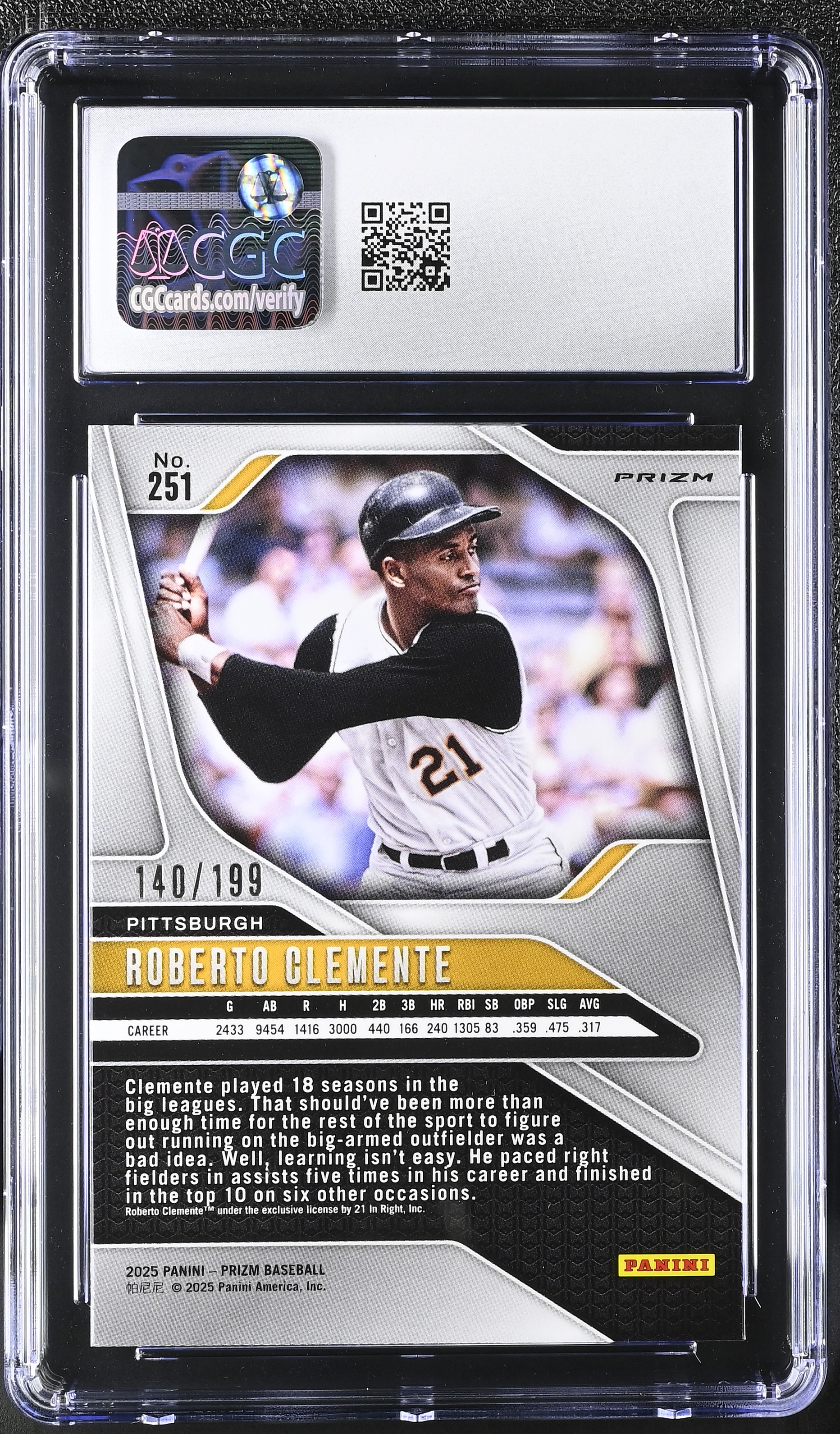 Roberto Clemente 2025 Panini Prizm Premium Box Set #251 #140/199 (CGC 9.5) at PristineAuction.com Roberto Clemente 2025 Panini Prizm Premium Box Set #251 #140/199 (CGC 9.5) at PristineAuction.com