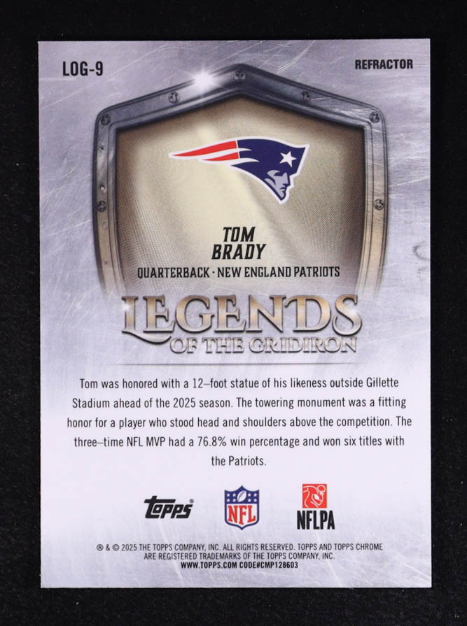 Tom Brady 2025 Topps Chrome Legends of the Gridiron Refractors #LOG9 at PristineAuction.com Tom Brady 2025 Topps Chrome Legends of the Gridiron Refractors #LOG9 at PristineAuction.com