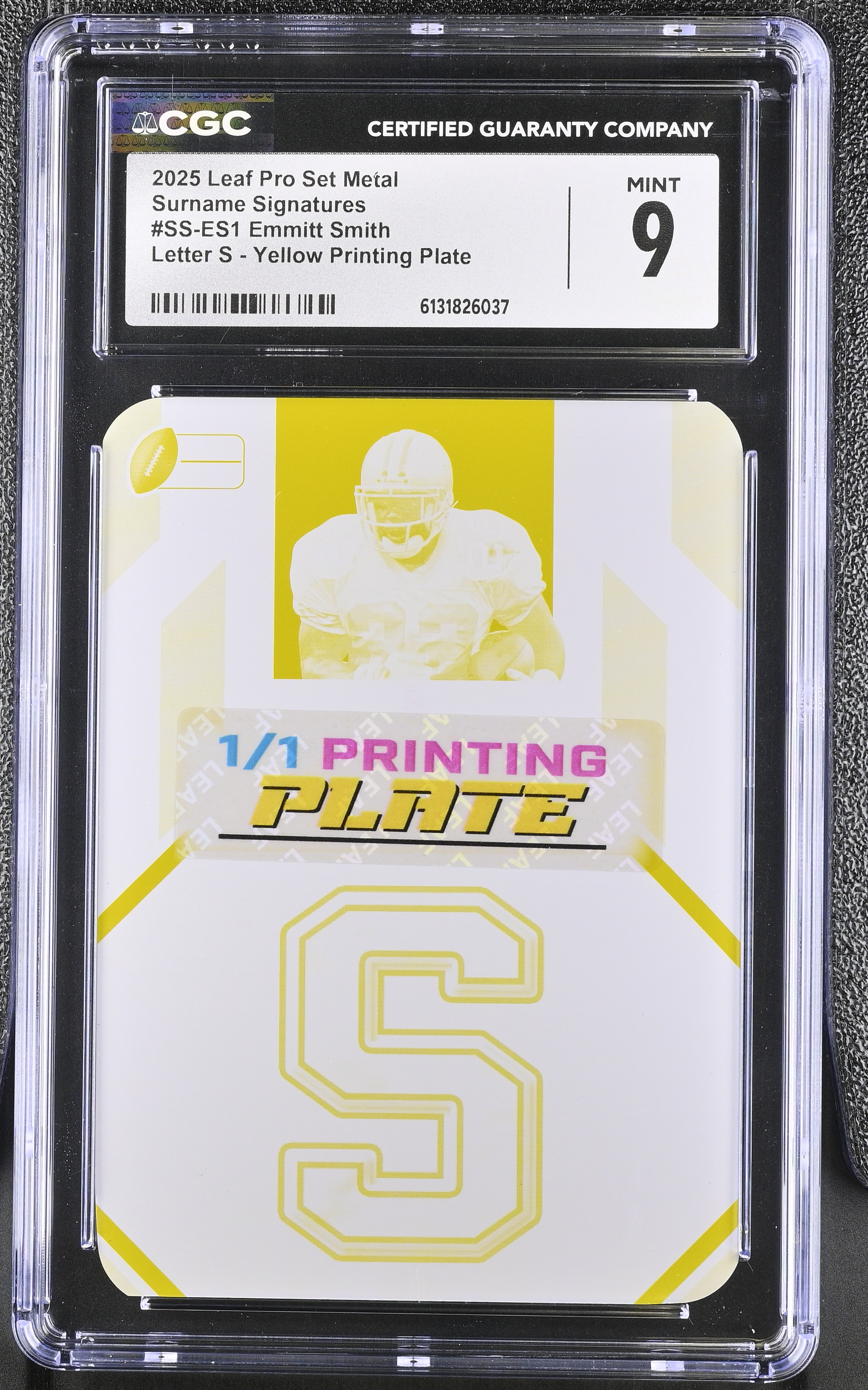 Emmitt Smith 2025 Leaf Pro Set Metal Surname Signatures Letter S - Yellow Printing Plate #1 #1/1 (CGC 9) at PristineAuction.com Emmitt Smith 2025 Leaf Pro Set Metal Surname Signatures Letter S - Yellow Printing Plate #1 #1/1 (CGC 9) at PristineAuction.com