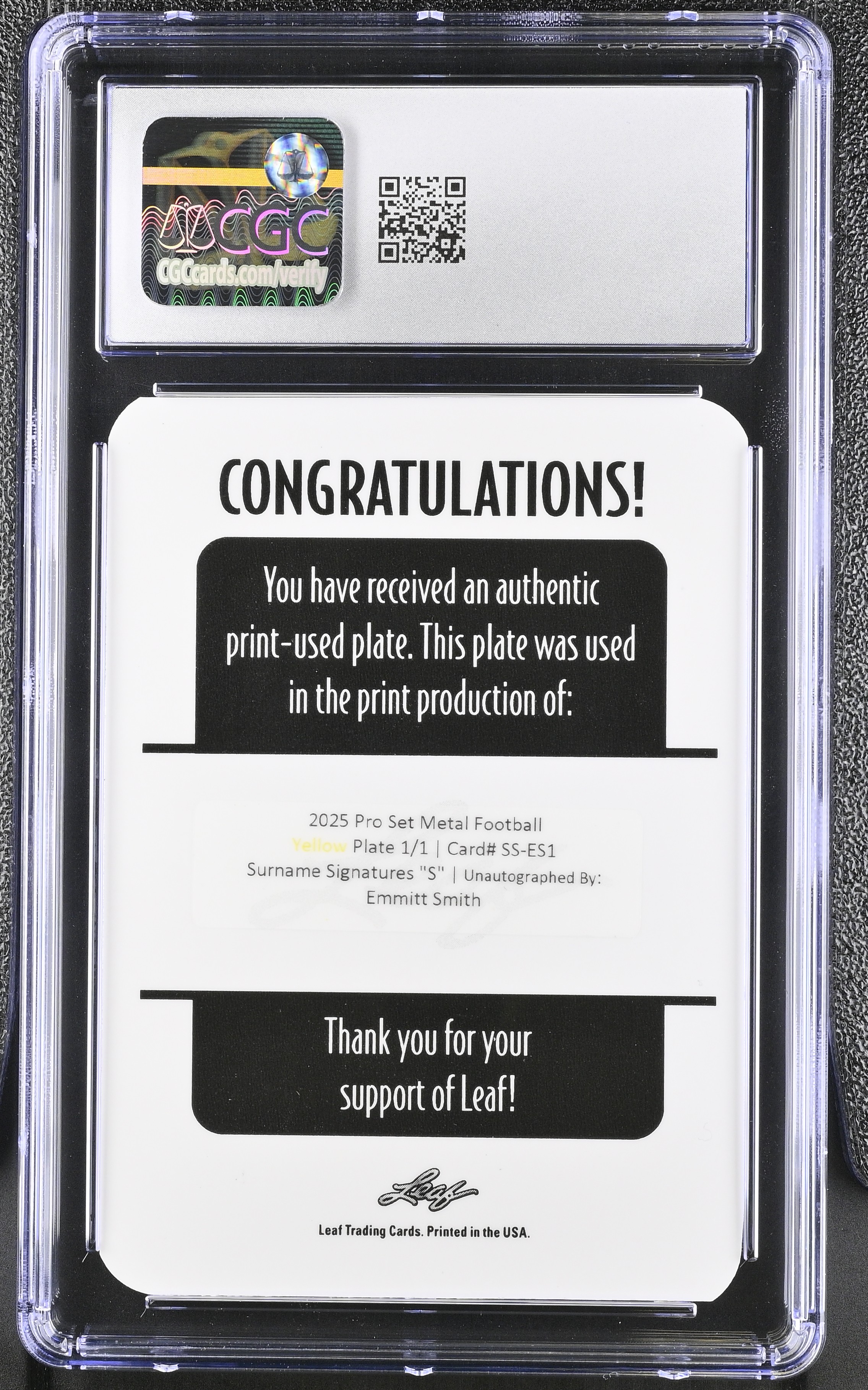 Emmitt Smith 2025 Leaf Pro Set Metal Surname Signatures Letter S - Yellow Printing Plate #1 #1/1 (CGC 9) at PristineAuction.com Emmitt Smith 2025 Leaf Pro Set Metal Surname Signatures Letter S - Yellow Printing Plate #1 #1/1 (CGC 9) at PristineAuction.com