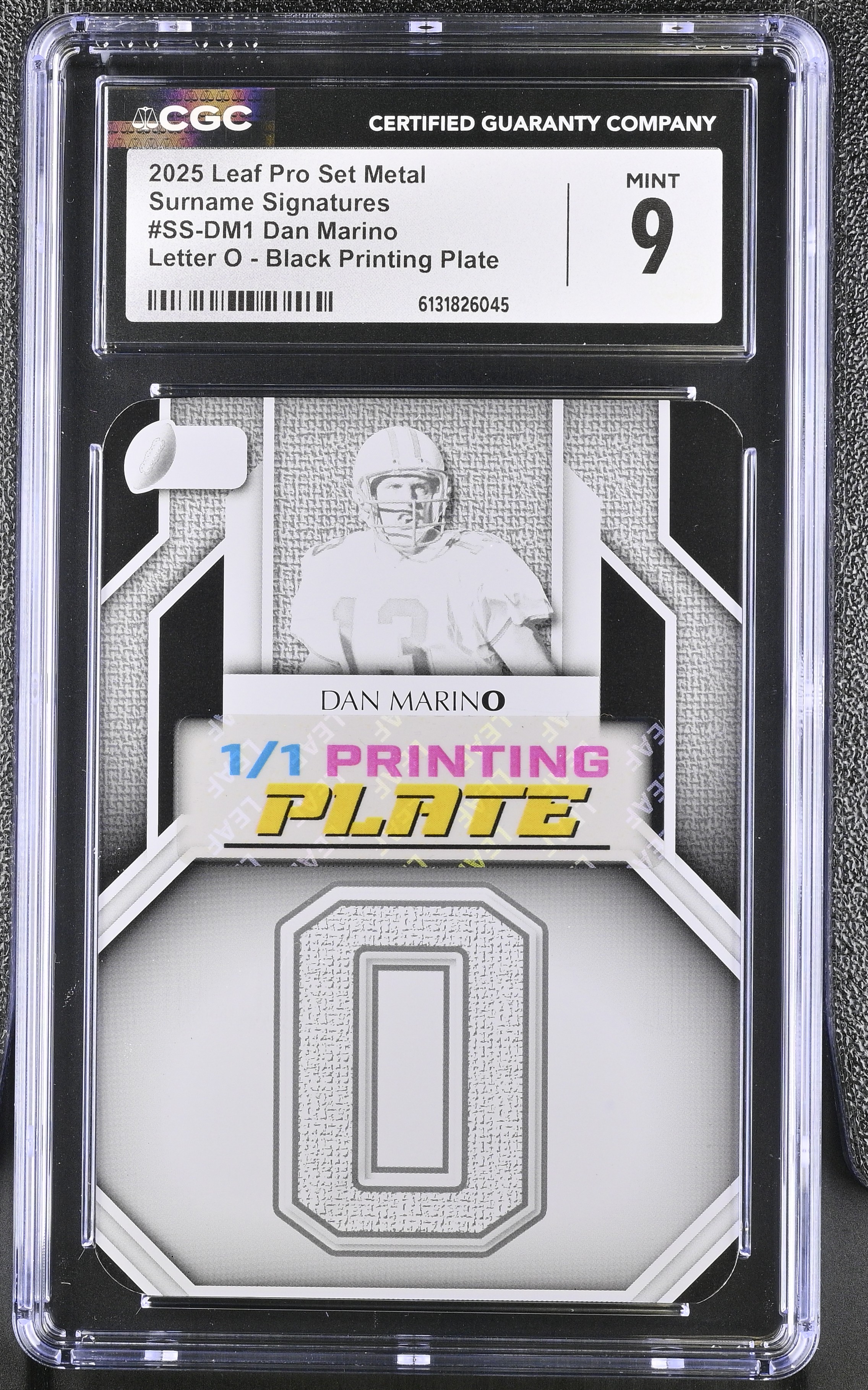 Dan Marino 2025 Leaf Pro Set Metal Surname Signatures Letter O - Black Printing Plate #1 #1/1 (CGC 9) at PristineAuction.com Dan Marino 2025 Leaf Pro Set Metal Surname Signatures Letter O - Black Printing Plate #1 #1/1 (CGC 9) at PristineAuction.com