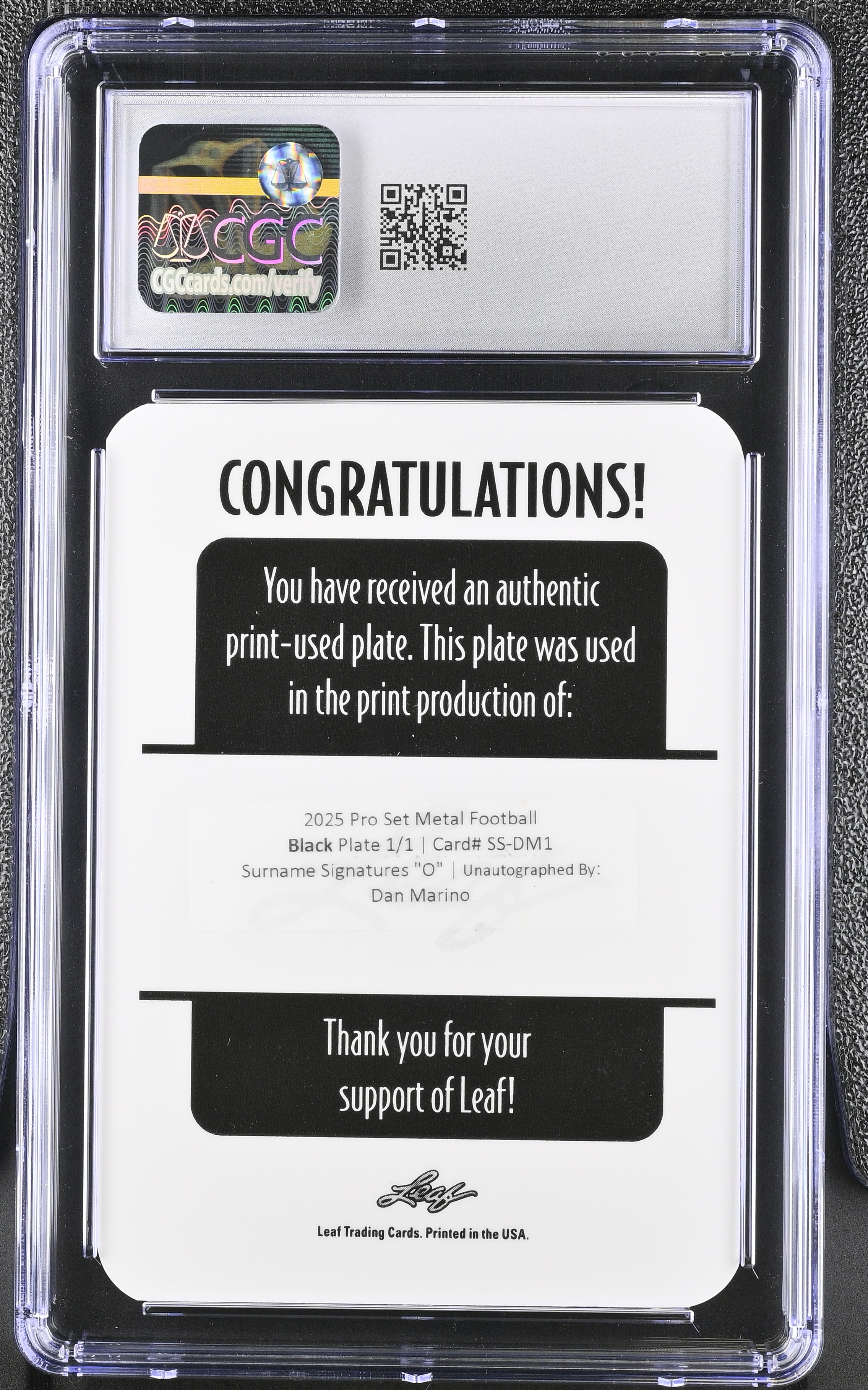 Dan Marino 2025 Leaf Pro Set Metal Surname Signatures Letter O - Black Printing Plate #1 #1/1 (CGC 9) at PristineAuction.com Dan Marino 2025 Leaf Pro Set Metal Surname Signatures Letter O - Black Printing Plate #1 #1/1 (CGC 9) at PristineAuction.com