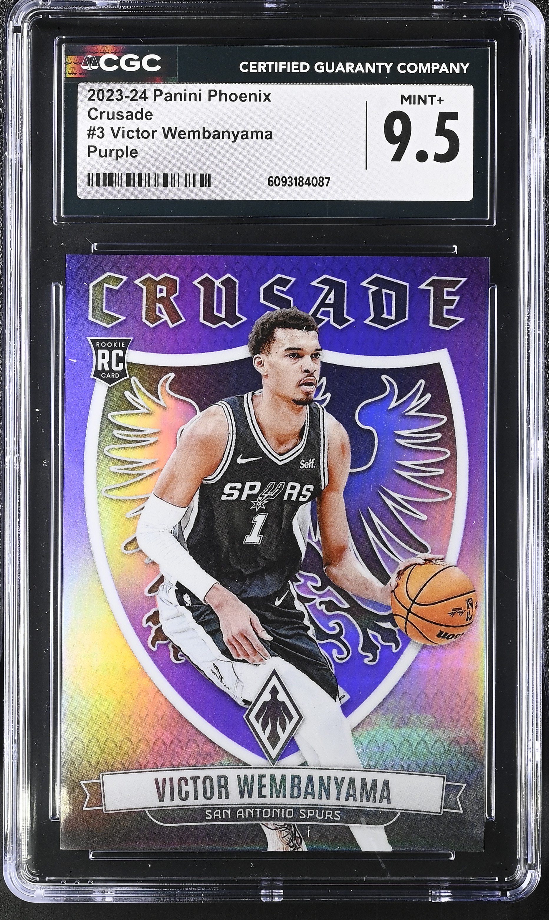 Victor Wembanyama 2023-24 Panini Phoenix Crusade Purple #3 RC #61/75 (CGC 9.5) at PristineAuction.com Victor Wembanyama 2023-24 Panini Phoenix Crusade Purple #3 RC #61/75 (CGC 9.5) at PristineAuction.com