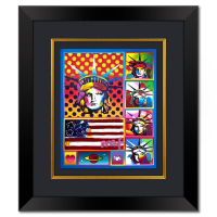 "5 Liberties and Flag" 28x24 Custom Framed One-of-a-Kind Mixed Media by Peter Max (Artova) at PristineAuction.com