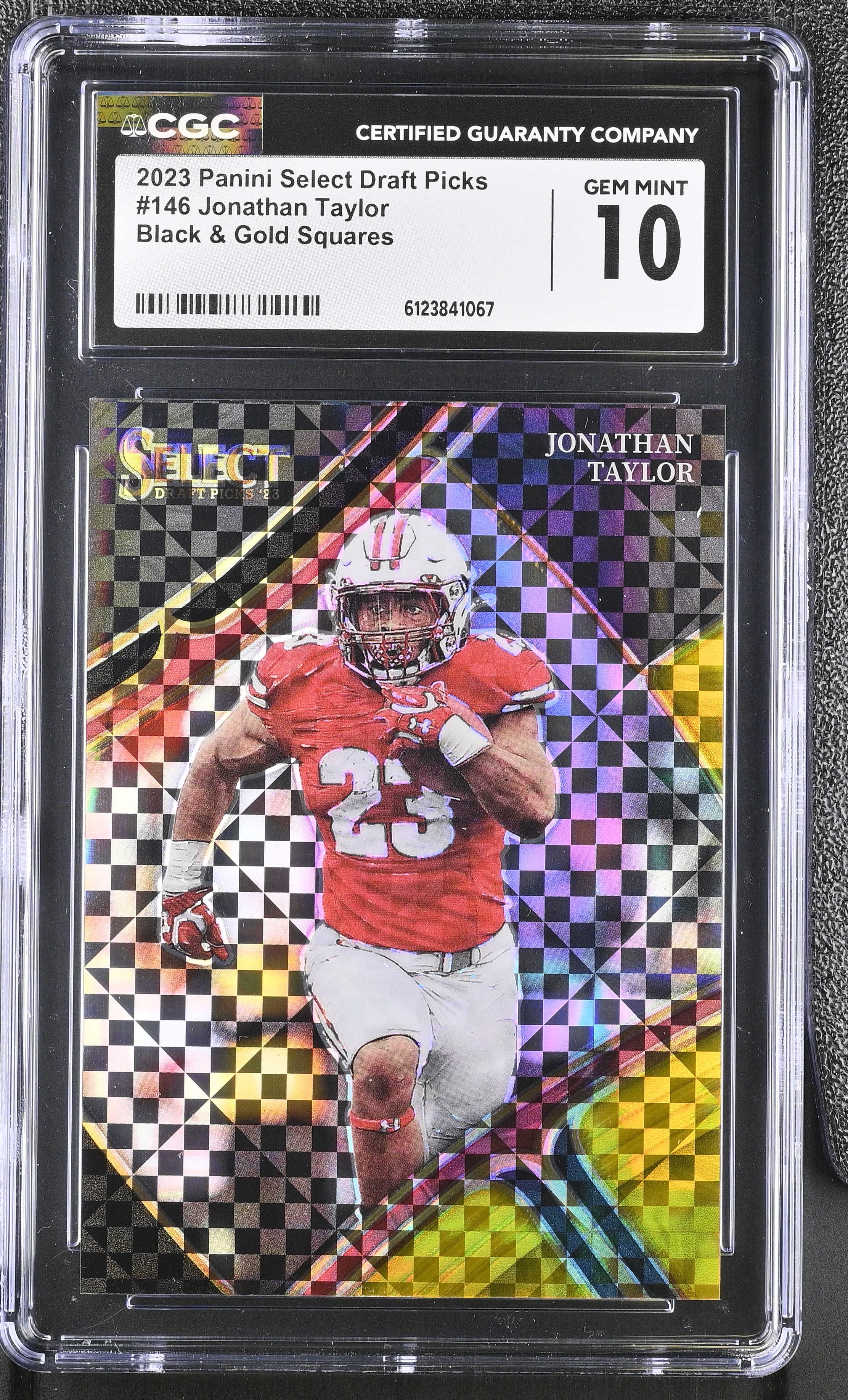 Jonathan Taylor 2023 Panini Select Draft Picks Black & Gold Squares #146 #086/100 (CGC 10) at PristineAuction.com Jonathan Taylor 2023 Panini Select Draft Picks Black & Gold Squares #146 #086/100 (CGC 10) at PristineAuction.com