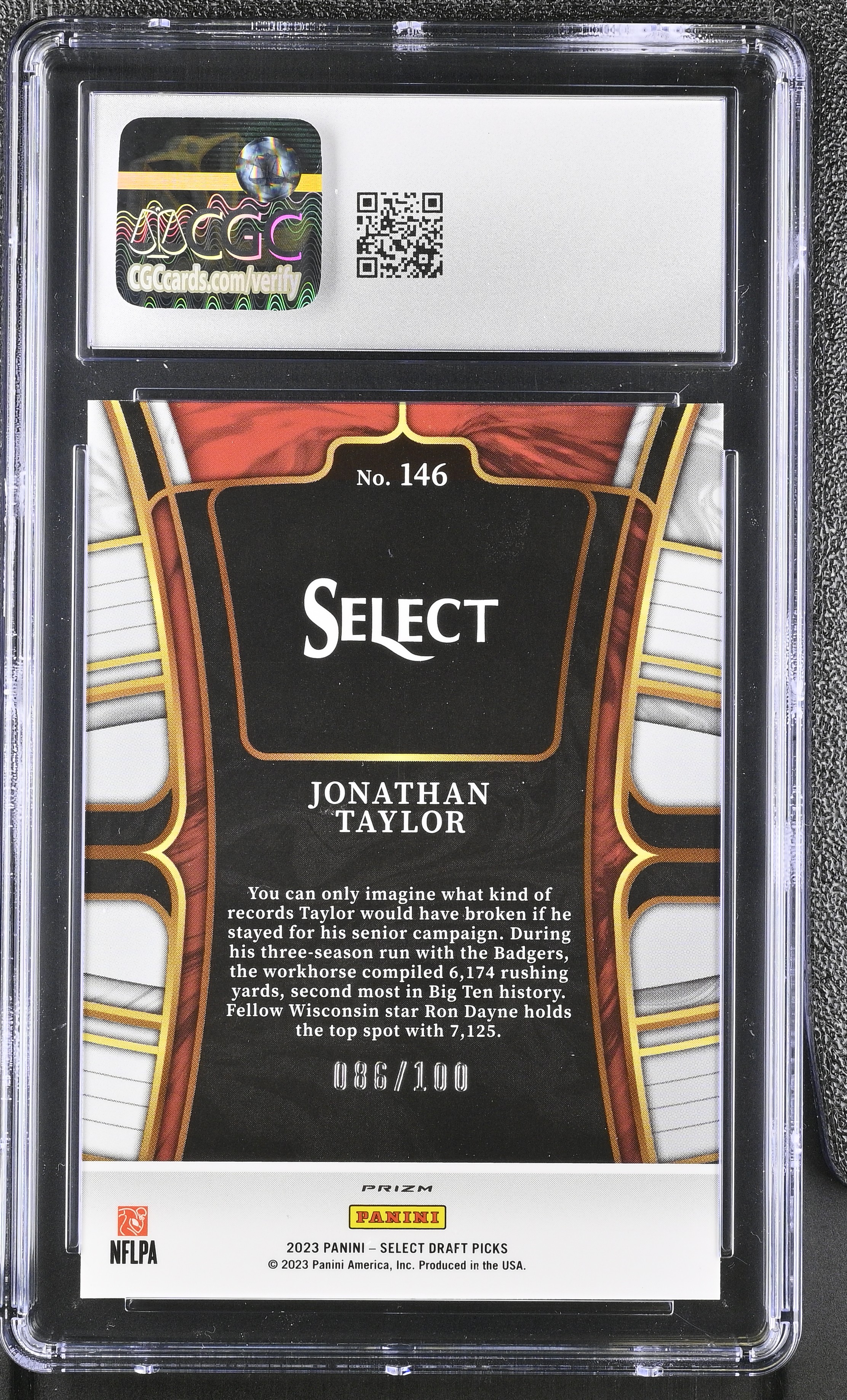 Jonathan Taylor 2023 Panini Select Draft Picks Black & Gold Squares #146 #086/100 (CGC 10) at PristineAuction.com Jonathan Taylor 2023 Panini Select Draft Picks Black & Gold Squares #146 #086/100 (CGC 10) at PristineAuction.com
