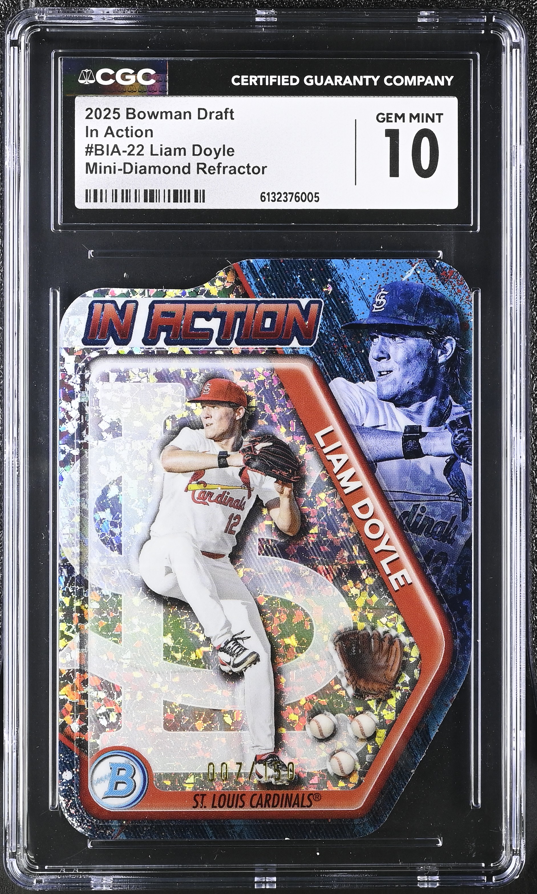 Liam Doyle 2025 Bowman Draft In Action Mini-diamond Refractor #22 RC #007/150 (CGC 10) at PristineAuction.com Liam Doyle 2025 Bowman Draft In Action Mini-diamond Refractor #22 RC #007/150 (CGC 10) at PristineAuction.com