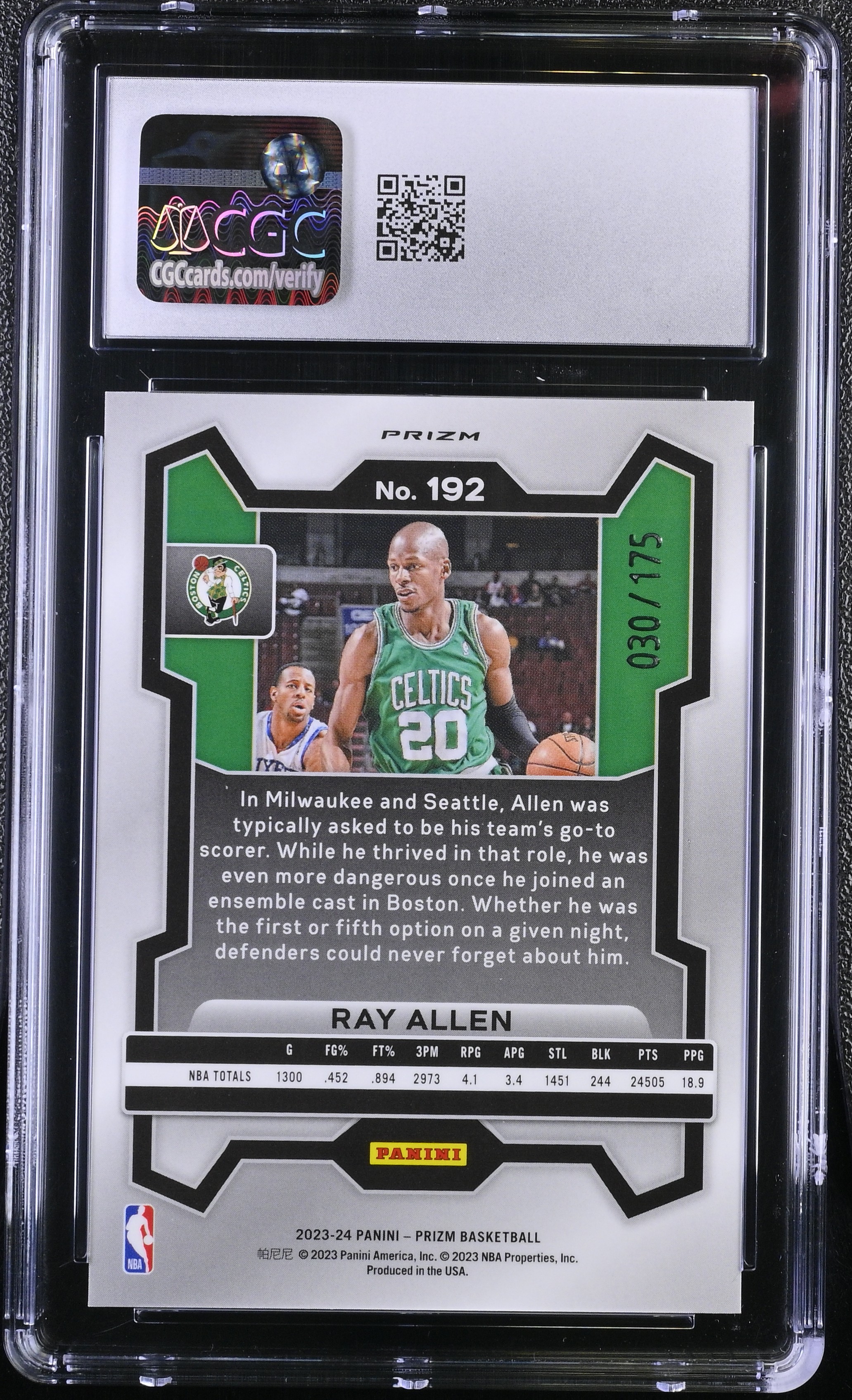 Ray Allen 2023-24 Panini Prizm White #192 #030/175 (CGC 10) at PristineAuction.com Ray Allen 2023-24 Panini Prizm White #192 #030/175 (CGC 10) at PristineAuction.com