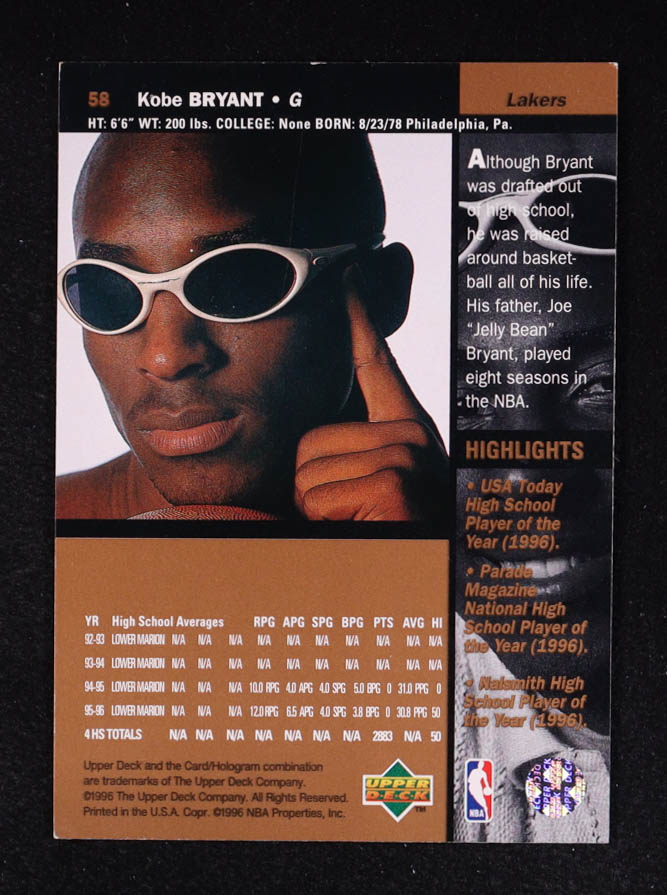 Kobe Bryant 1996-97 Upper Deck #58 RC at PristineAuction.com Kobe Bryant 1996-97 Upper Deck #58 RC at PristineAuction.com