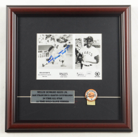 Willie Mays Signed Giants Custom Framed Photo with Vintage 1970 Giants Lapel Pin/Ribbon & Career Stat Plaque (JSA) at PristineAuction.com