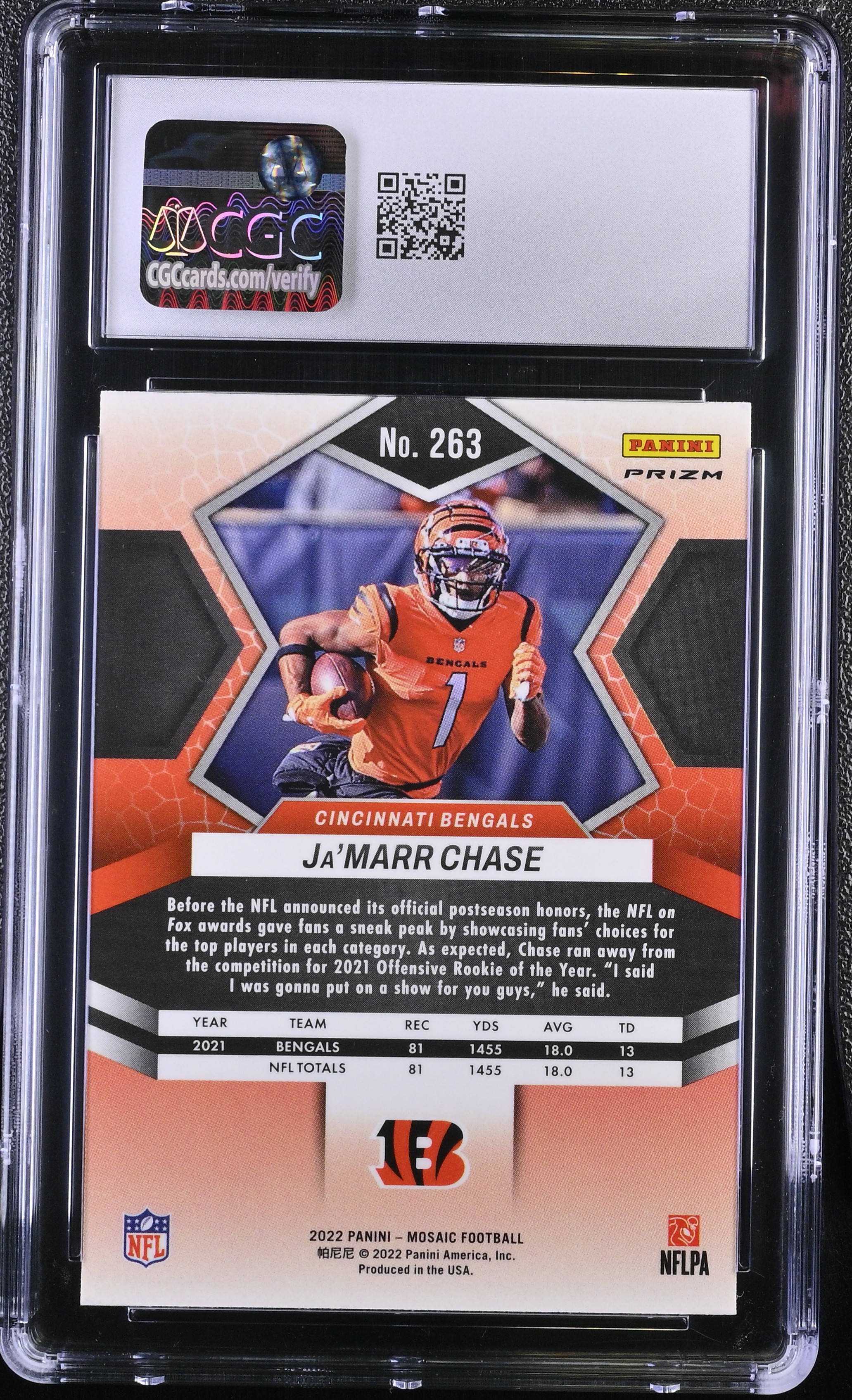 Ja'Marr Chase 2022 Panini Mosaic Reactive Orange #263 (CGC 10) at PristineAuction.com Ja'Marr Chase 2022 Panini Mosaic Reactive Orange #263 (CGC 10) at PristineAuction.com
