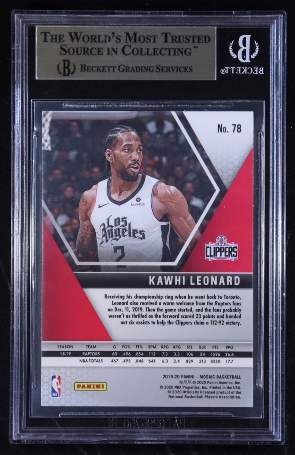 Kawhi Leonard 2019-20 Panini Mosaic #78 (BGS 9.5) at PristineAuction.com Kawhi Leonard 2019-20 Panini Mosaic #78 (BGS 9.5) at PristineAuction.com
