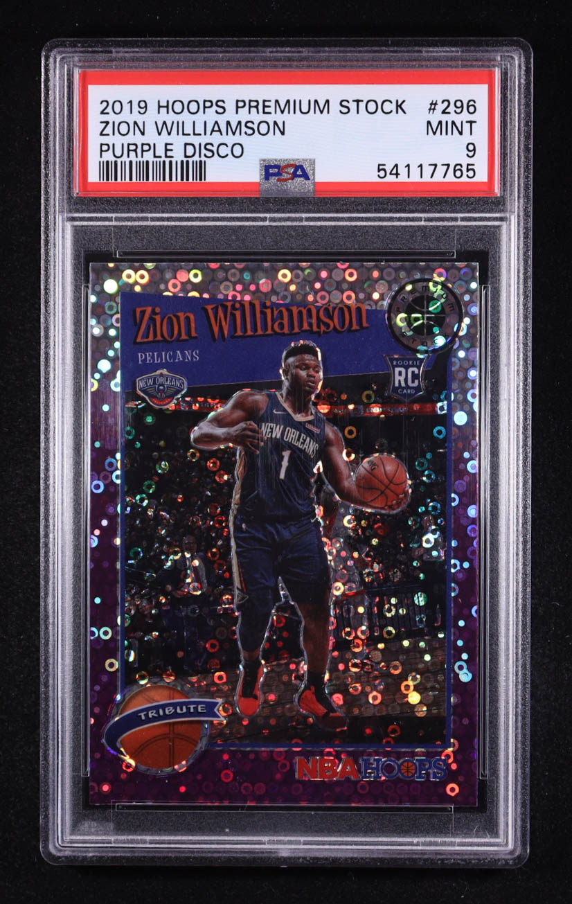 Zion Williamson 2019-20 Hoops Premium Stock Prizms Purple Disco #296 RC (PSA 9) at PristineAuction.com Zion Williamson 2019-20 Hoops Premium Stock Prizms Purple Disco #296 RC (PSA 9) at PristineAuction.com