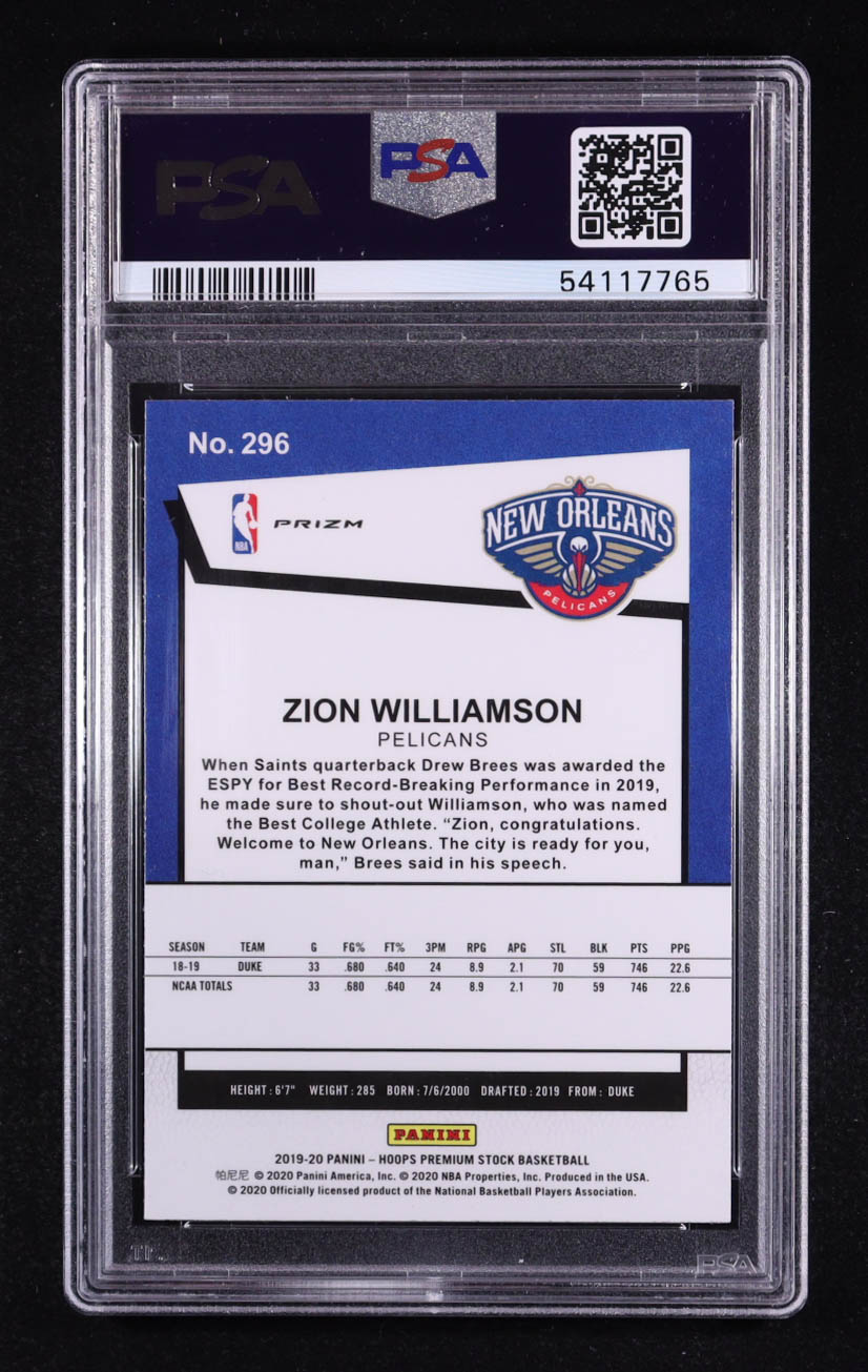 Zion Williamson 2019-20 Hoops Premium Stock Prizms Purple Disco #296 RC (PSA 9) at PristineAuction.com Zion Williamson 2019-20 Hoops Premium Stock Prizms Purple Disco #296 RC (PSA 9) at PristineAuction.com