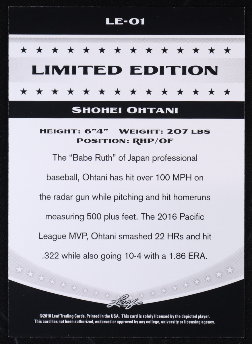 Shohei Ohtani 2018 Leaf Ohtani Limited Edition #LE01 RC at PristineAuction.com Shohei Ohtani 2018 Leaf Ohtani Limited Edition #LE01 RC at PristineAuction.com