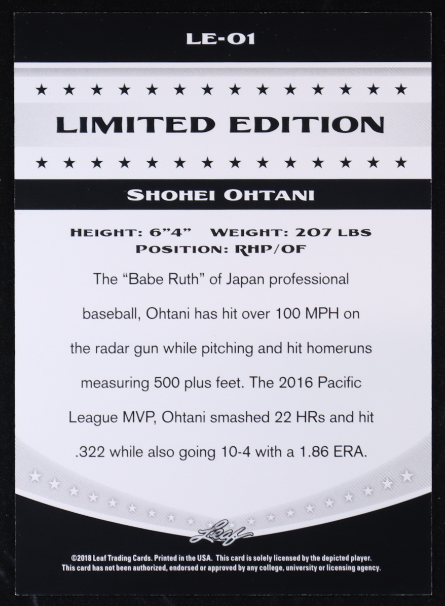 Shohei Ohtani 2018 Leaf Ohtani Limited Edition #LE01 RC at PristineAuction.com Shohei Ohtani 2018 Leaf Ohtani Limited Edition #LE01 RC at PristineAuction.com
