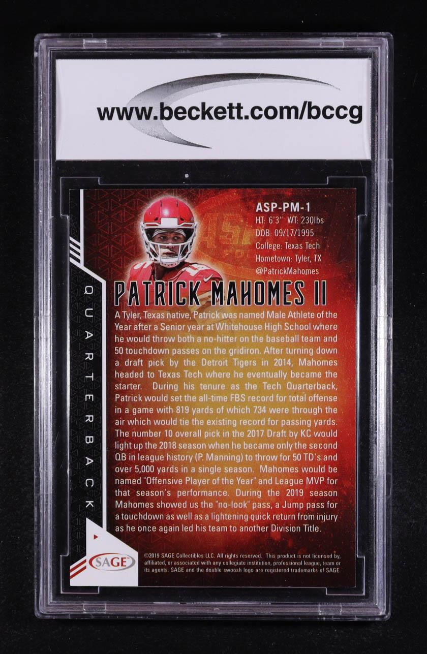 Patrick Mahomes II 2019 SAGE Aspire #ASPPM1 (BCCG 10) at PristineAuction.com Patrick Mahomes II 2019 SAGE Aspire #ASPPM1 (BCCG 10) at PristineAuction.com
