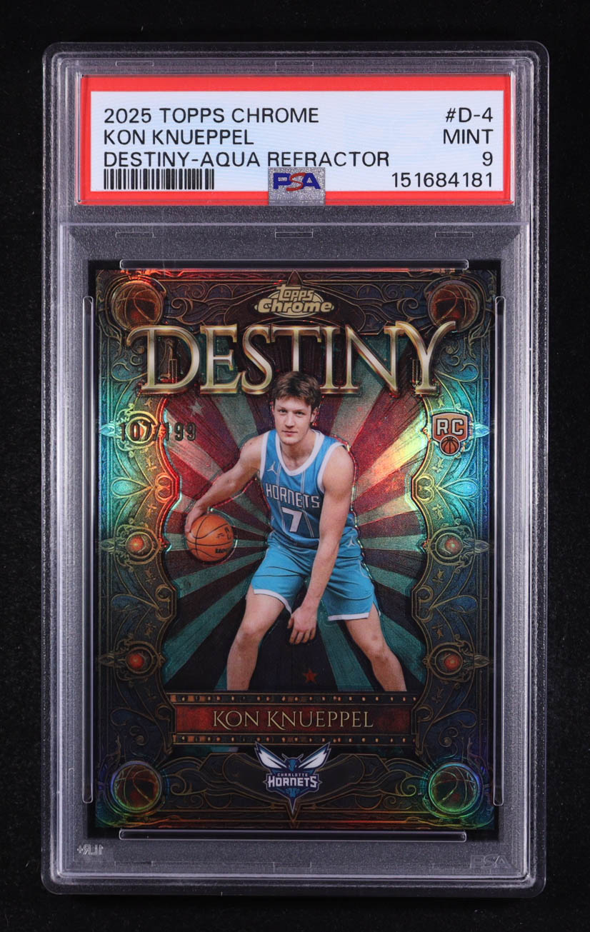 Kon Knueppel 2025-26 Topps Chrome Destiny Aqua Refractors #D4 #107/199 (PSA 9) at PristineAuction.com Kon Knueppel 2025-26 Topps Chrome Destiny Aqua Refractors #D4 #107/199 (PSA 9) at PristineAuction.com