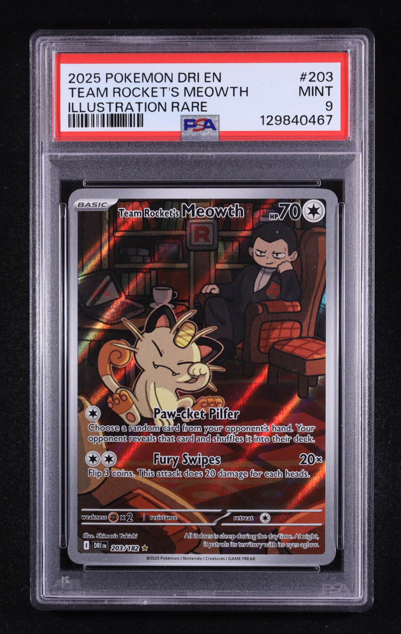 Team Rocket's Meowth 2025 Pokemon Destined Rivals #203 Holo (PSA 9) at PristineAuction.com Team Rocket's Meowth 2025 Pokemon Destined Rivals #203 Holo (PSA 9) at PristineAuction.com