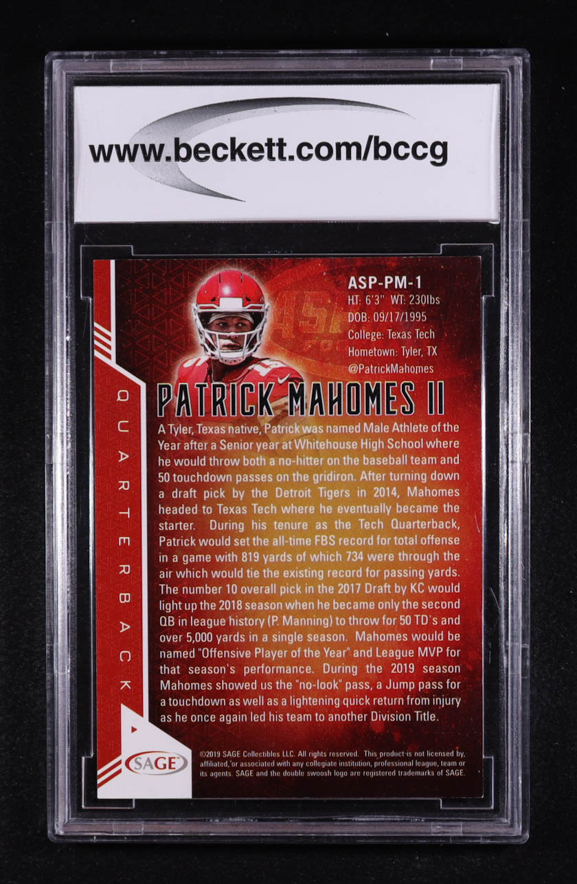 Patrick Mahomes II 2019 SAGE Aspire #ASPPM1 (BCCG 10) at PristineAuction.com Patrick Mahomes II 2019 SAGE Aspire #ASPPM1 (BCCG 10) at PristineAuction.com