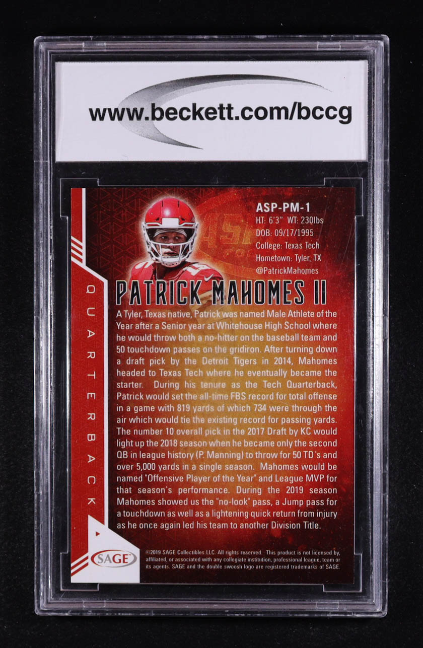 Patrick Mahomes II 2019 SAGE Aspire #ASPPM1 (BCCG 10) at PristineAuction.com Patrick Mahomes II 2019 SAGE Aspire #ASPPM1 (BCCG 10) at PristineAuction.com