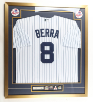 Yogi Berra Signed Custom Framed Index Card Display with Jersey & (4) World Series Pins (PSA) at PristineAuction.com