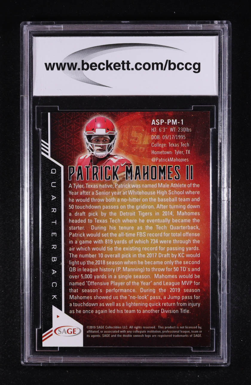 Patrick Mahomes II 2019 SAGE Aspire #ASPPM1 (BCCG 10) at PristineAuction.com Patrick Mahomes II 2019 SAGE Aspire #ASPPM1 (BCCG 10) at PristineAuction.com