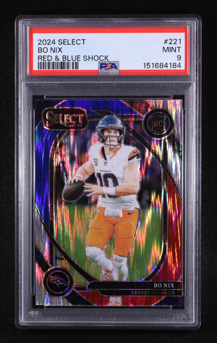 Bo Nix 2024 Select Prizm Red and Blue Shock #221 RC (PSA 9) at PristineAuction.com Bo Nix 2024 Select Prizm Red and Blue Shock #221 RC (PSA 9) at PristineAuction.com