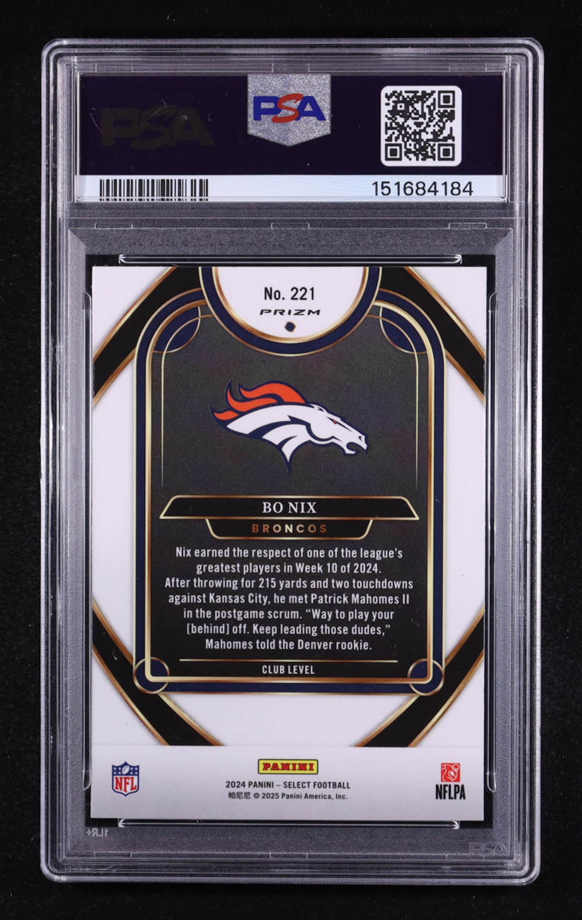 Bo Nix 2024 Select Prizm Red and Blue Shock #221 RC (PSA 9) at PristineAuction.com Bo Nix 2024 Select Prizm Red and Blue Shock #221 RC (PSA 9) at PristineAuction.com
