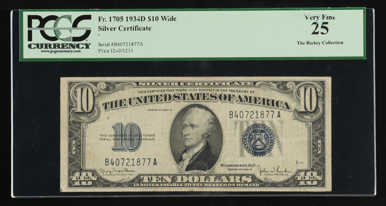 1934-D $10 Ten Dollar Silver Certificate Legal Tender U.S. Bank Note (PCGS Very Fine 25) at PristineAuction.com 1934-D $10 Ten Dollar Silver Certificate Legal Tender U.S. Bank Note (PCGS Very Fine 25) at PristineAuction.com